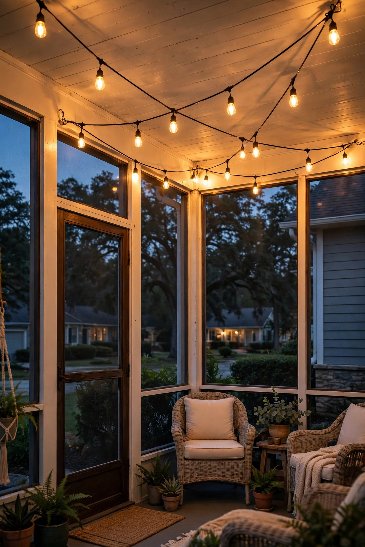 Edison-style café string lights swagged corner to corner across a screened porch ceiling