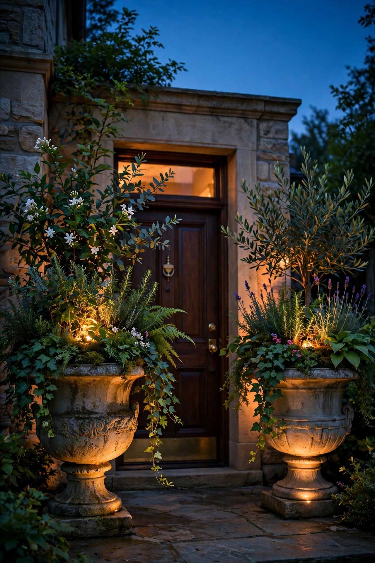 A pair of large stone urns with lush plantings flanking a front door, softly uplit at dusk with warm light catching the foliage