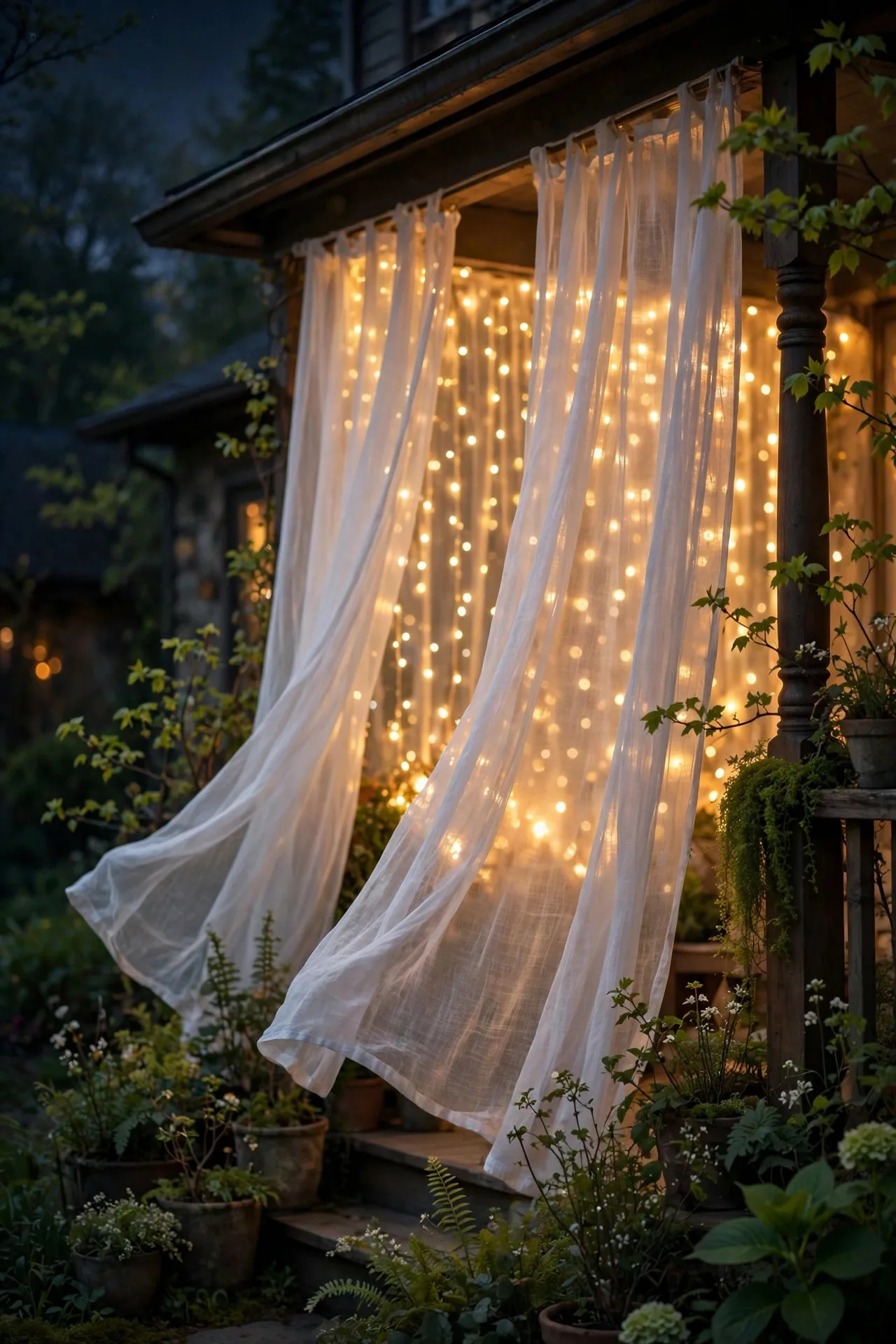 Sheer porch curtains with warm fairy-light curtains glowing behind them at night