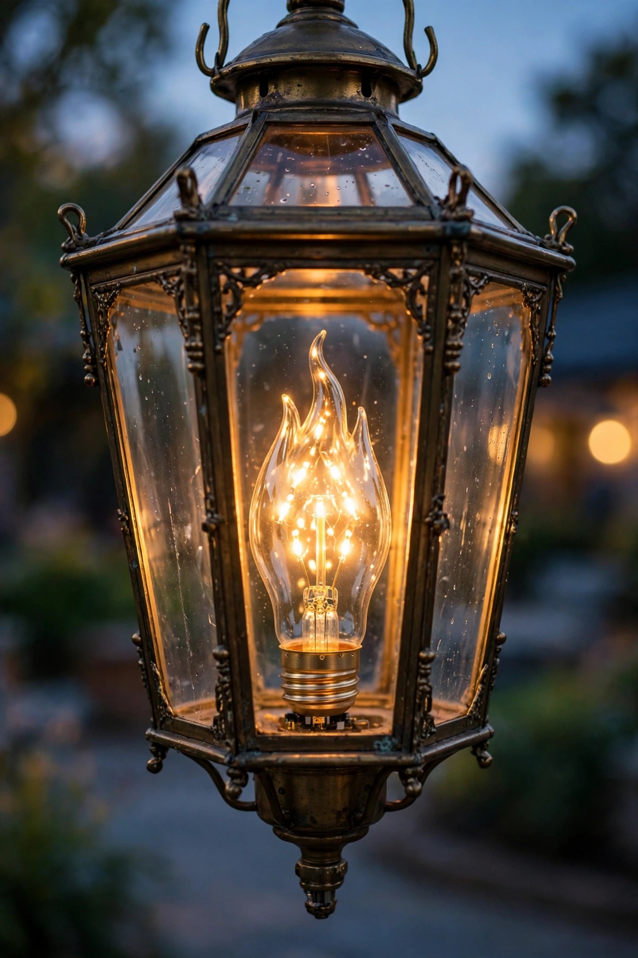 Close-up of a flame-effect LED bulb flickering inside a clear glass Victorian lantern