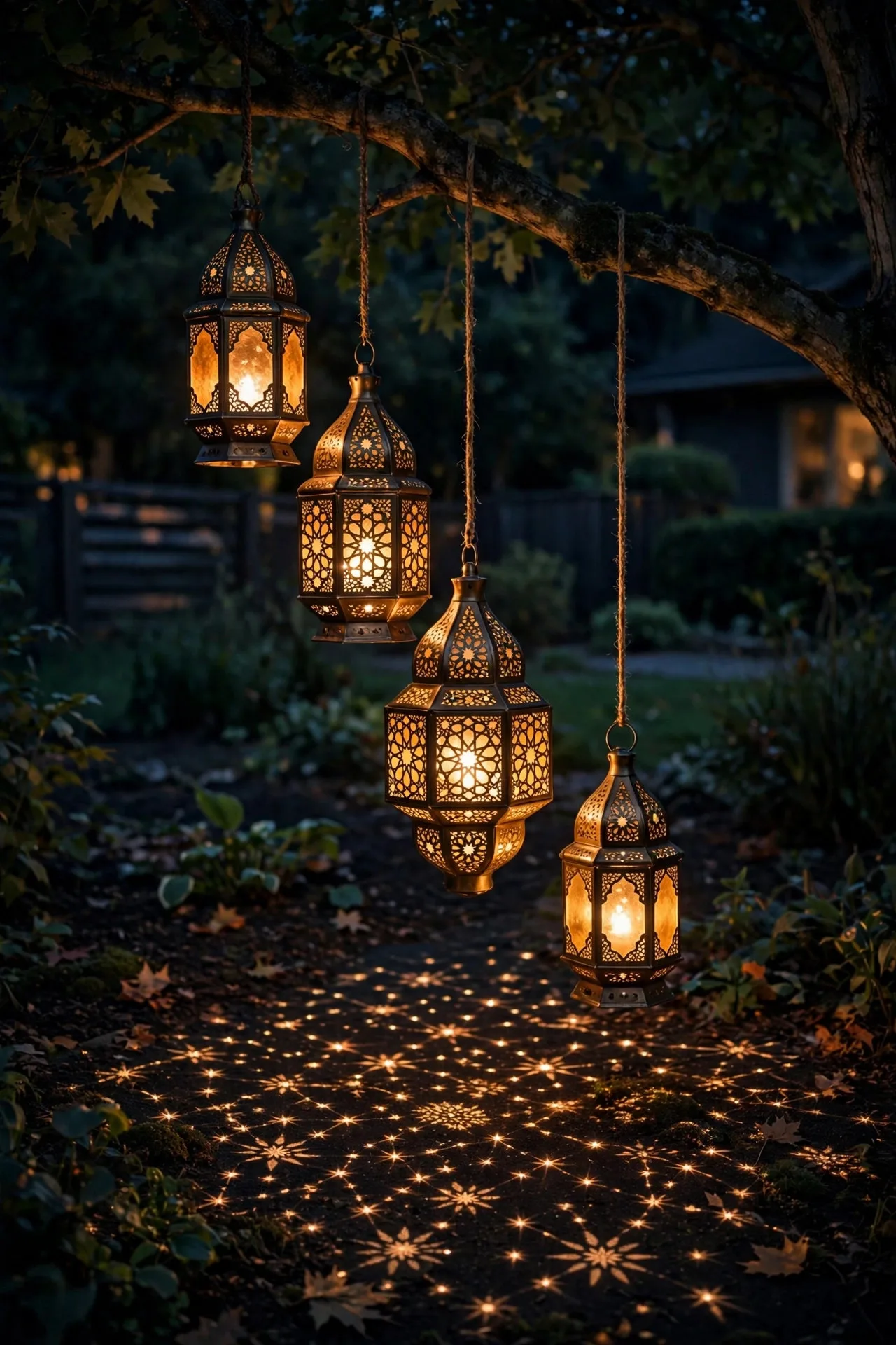 Cluster of glowing Moroccan-style metal lanterns hanging from a tree branch in a garden at night