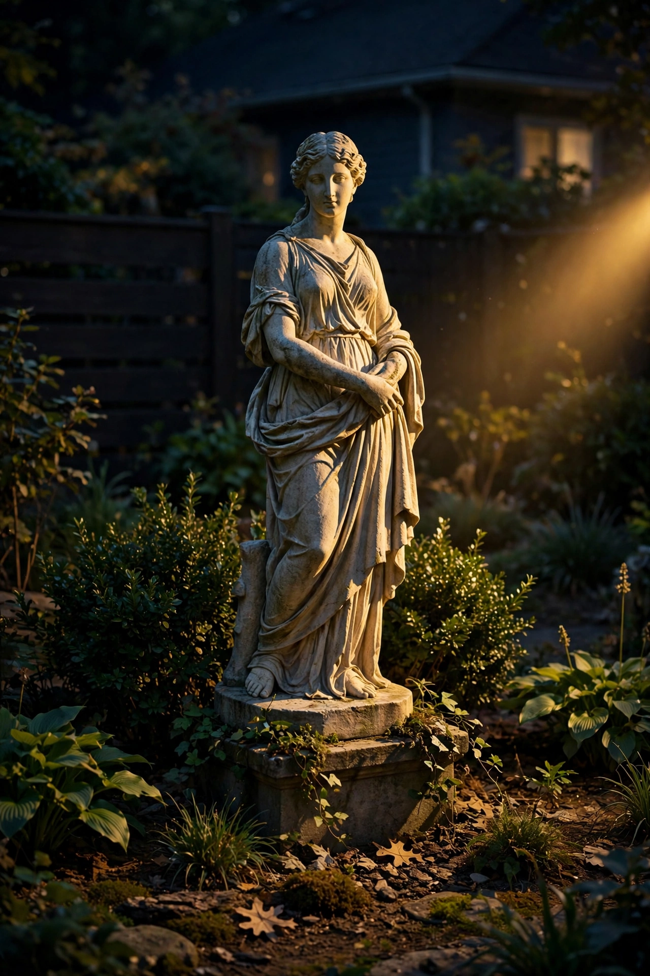 Garden statue dramatically lit by an accent spotlight at night