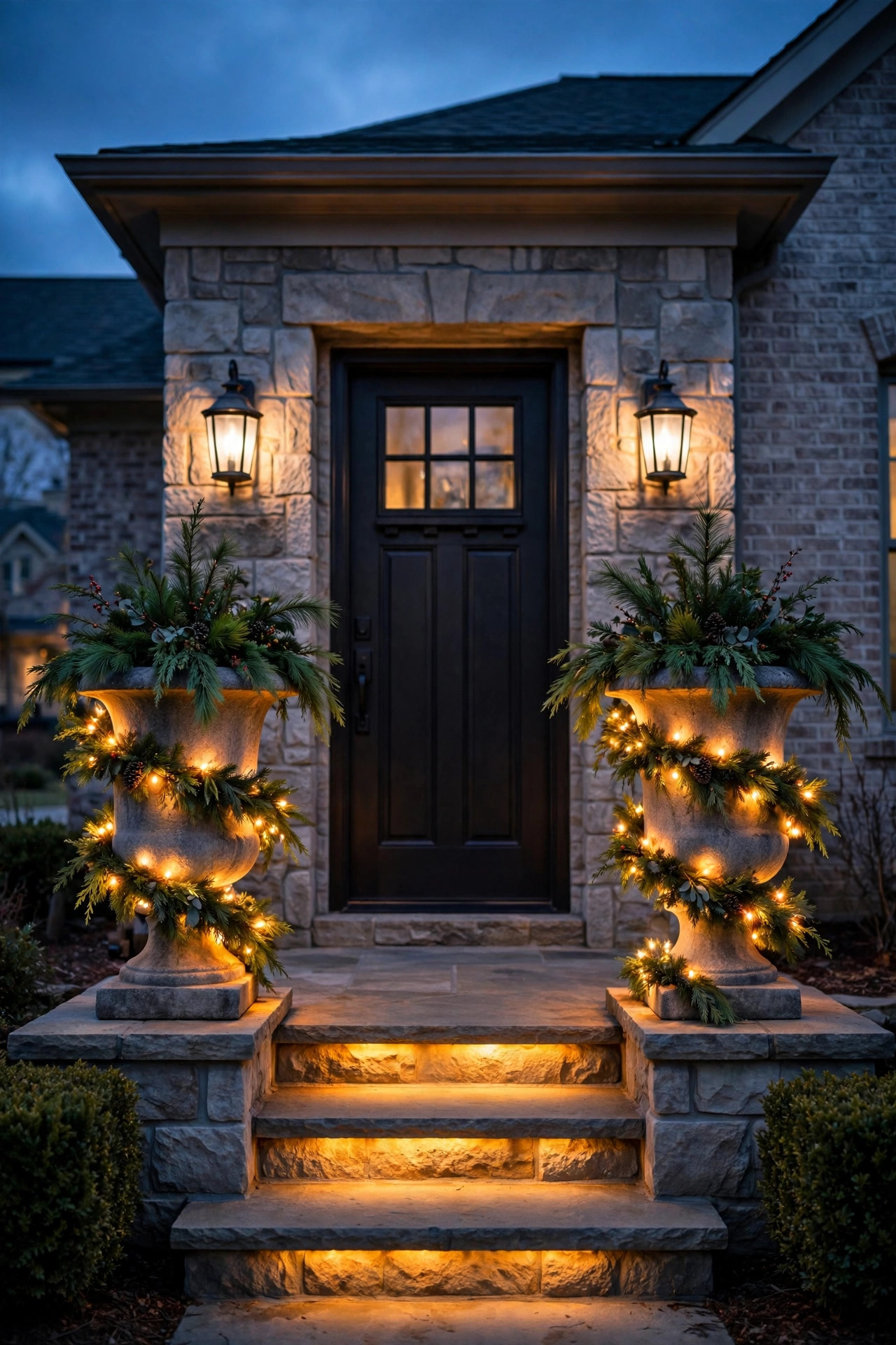 Matching urns with spiral pre-lit garland glowing on either side of a front door at dusk