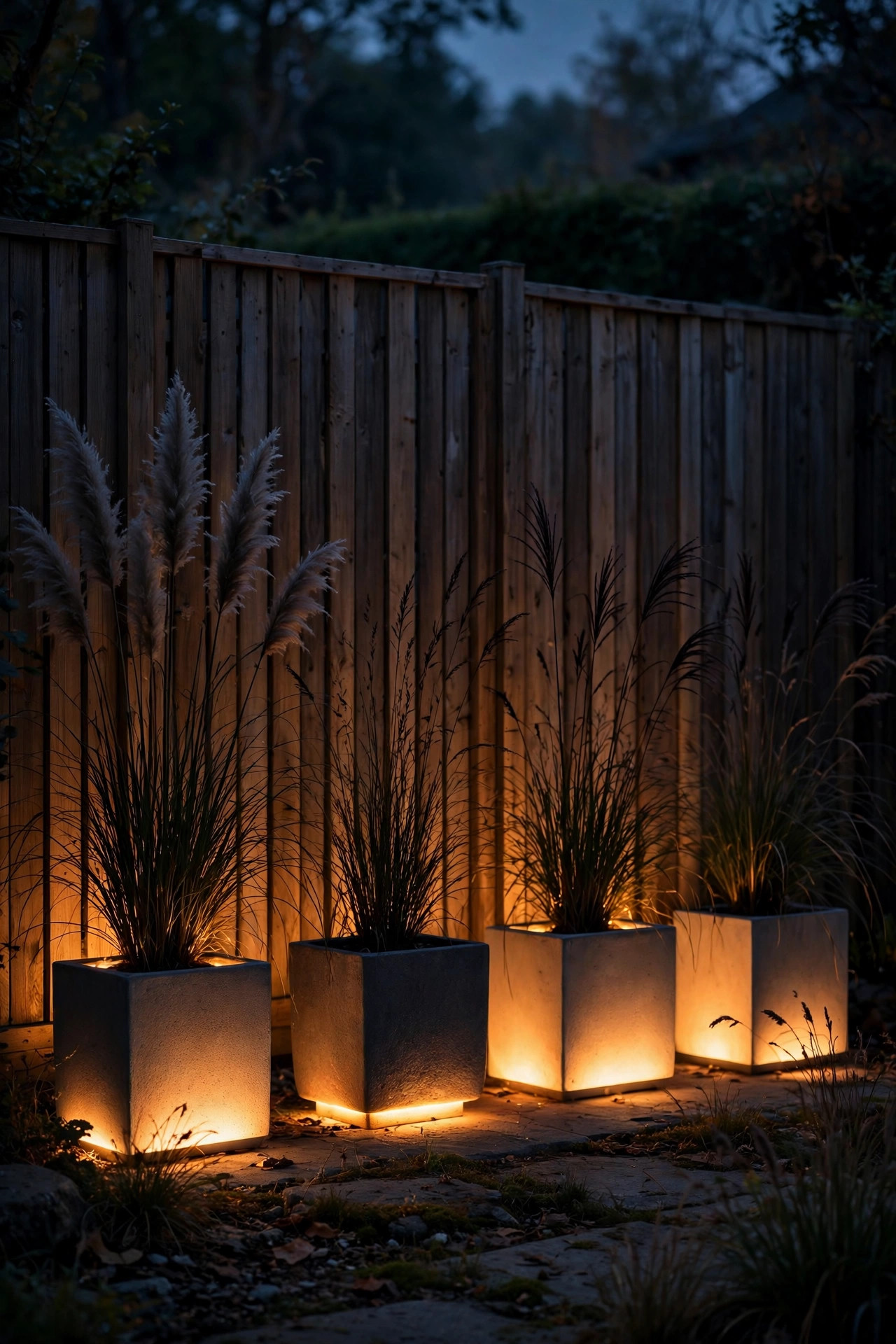 Glowing planters with ornamental grasses silhouetted against a privacy fence at dusk