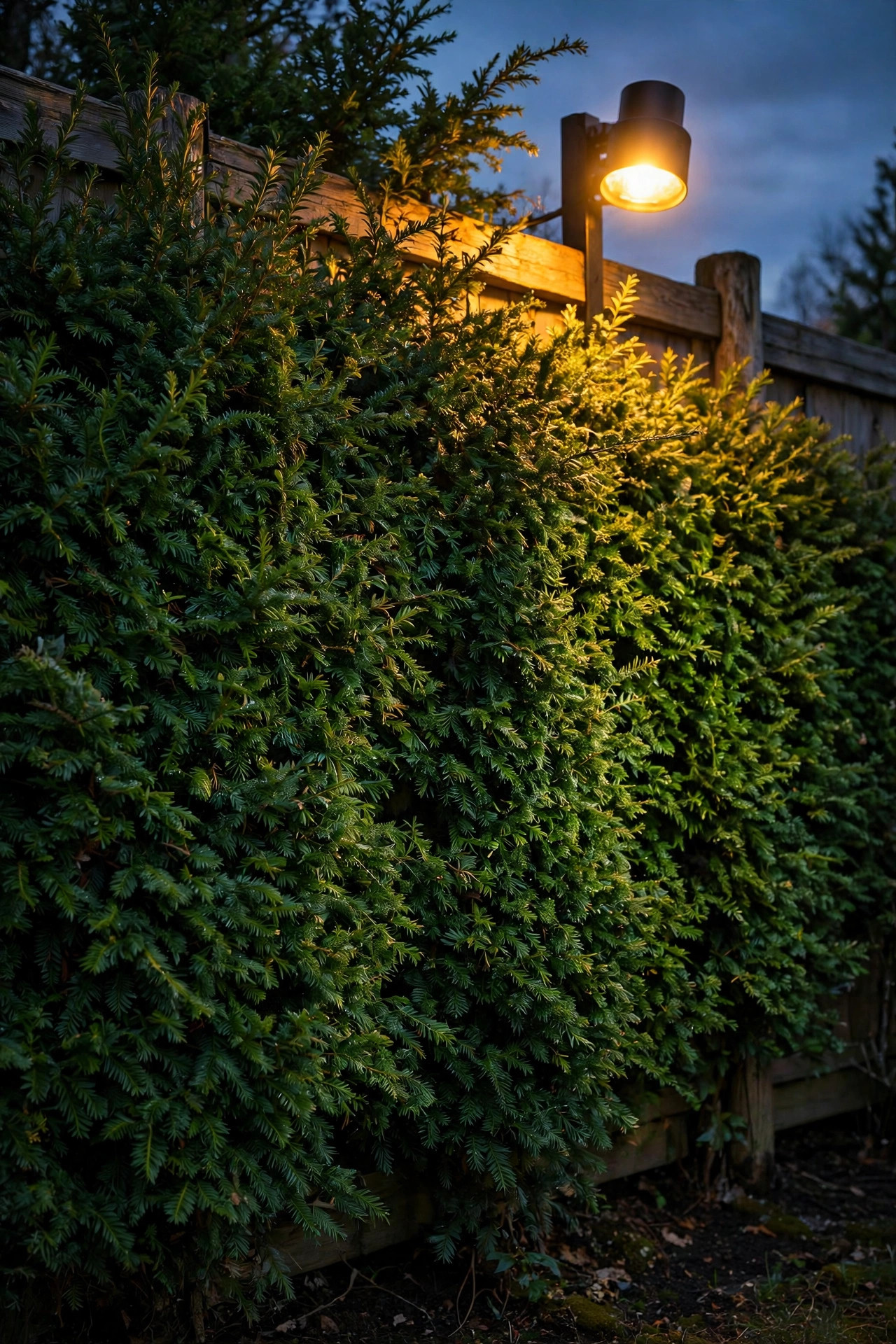 Dense evergreen hedge along a fence line softly catching warm security light spill, glowing green wall effect at dusk