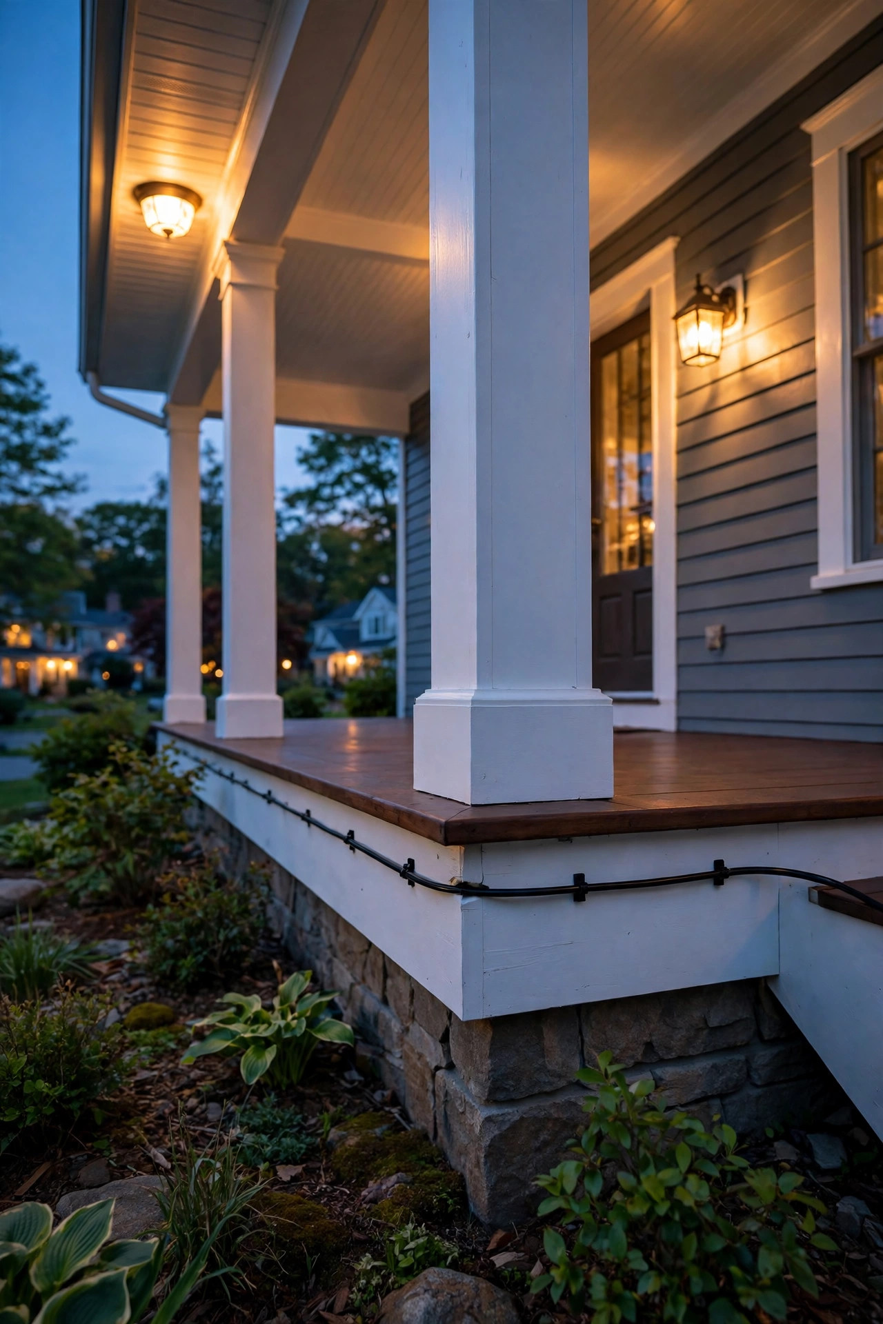 Neatly routed low-voltage cable hidden beneath the edge of a wraparound porch