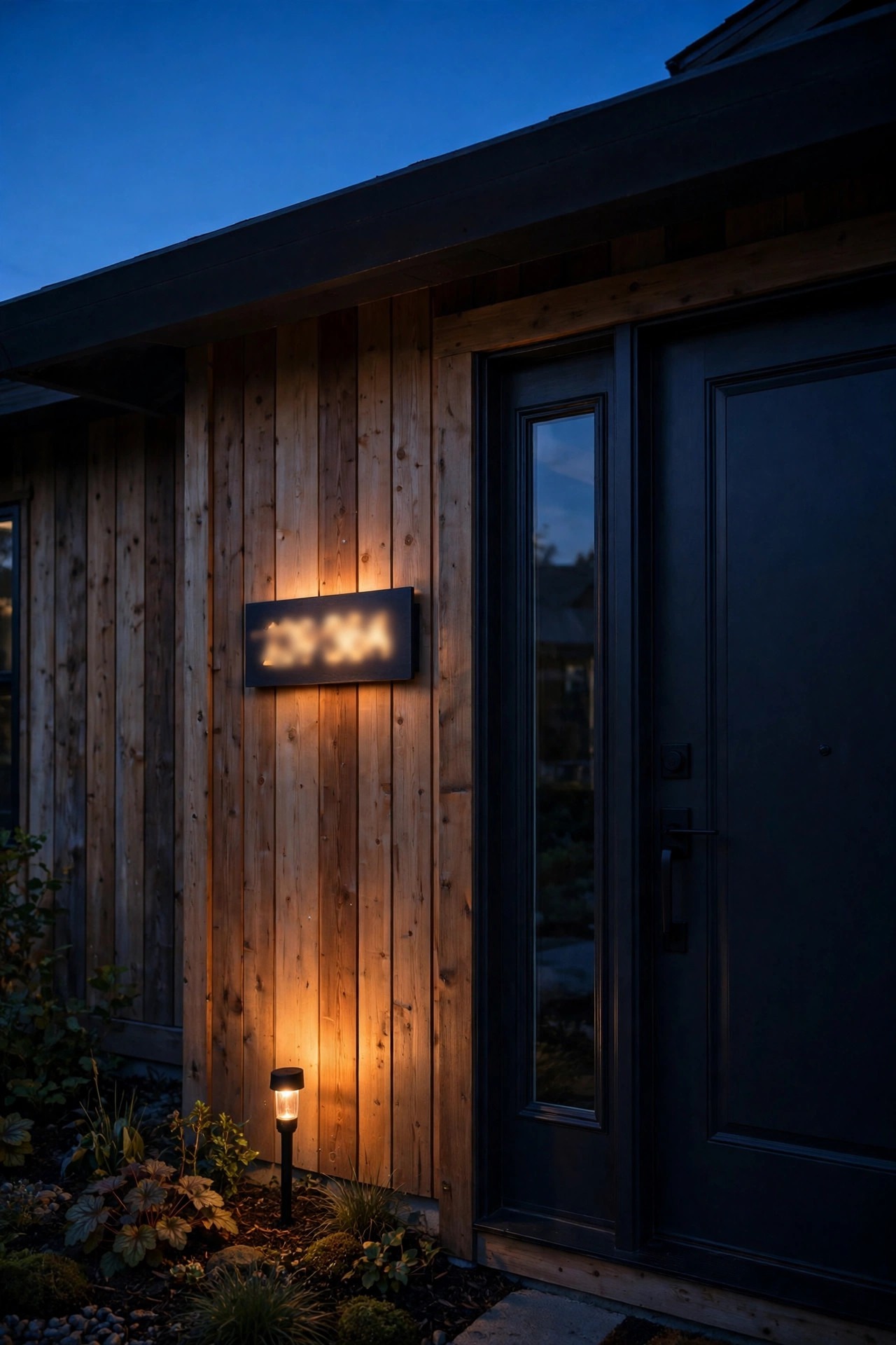 Small battery powered stake spotlight washing a house number plaque with warm light beside the front door at dusk