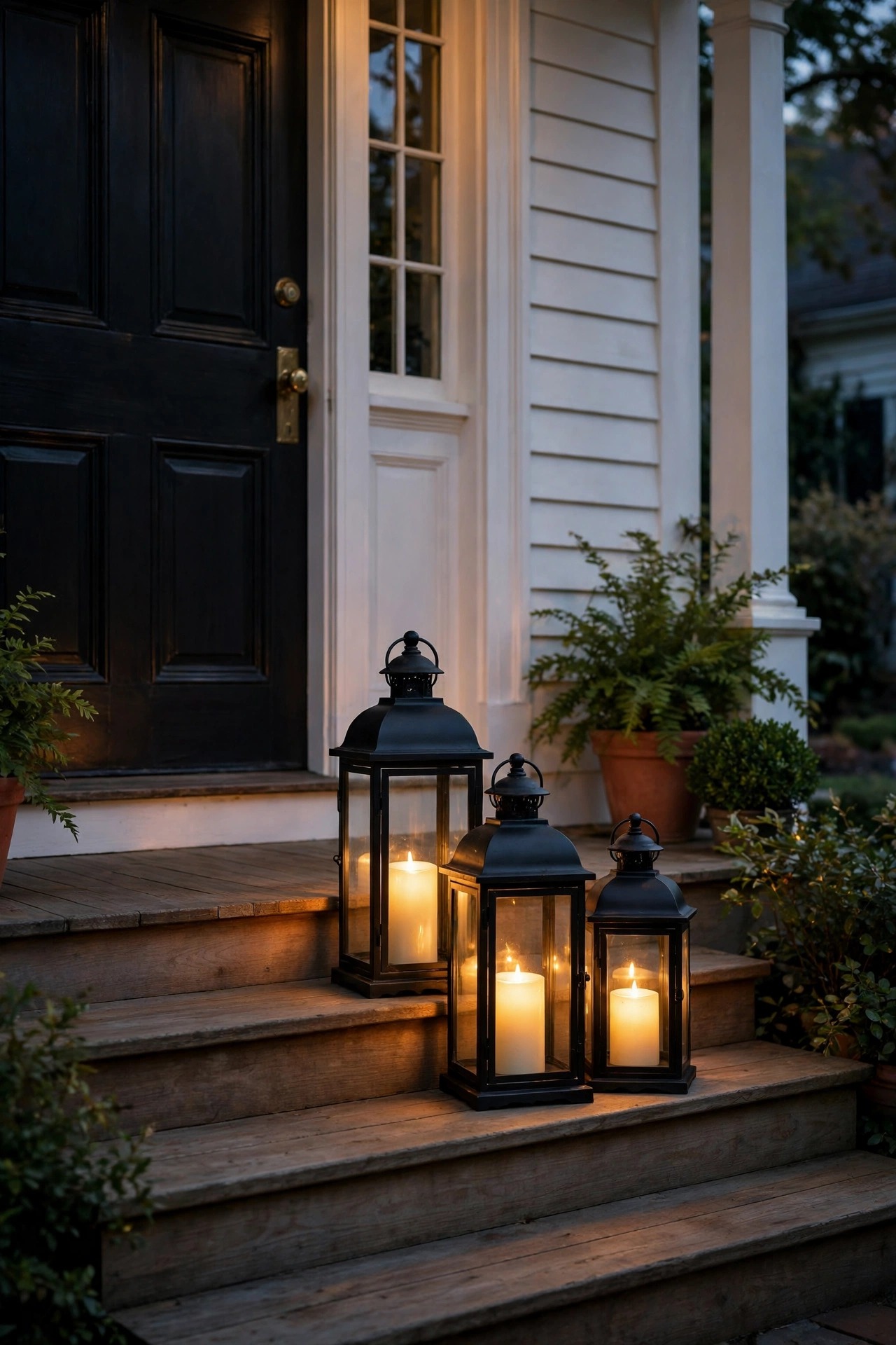 Cluster of three black lanterns with flameless candles on colonial porch steps beside the front door