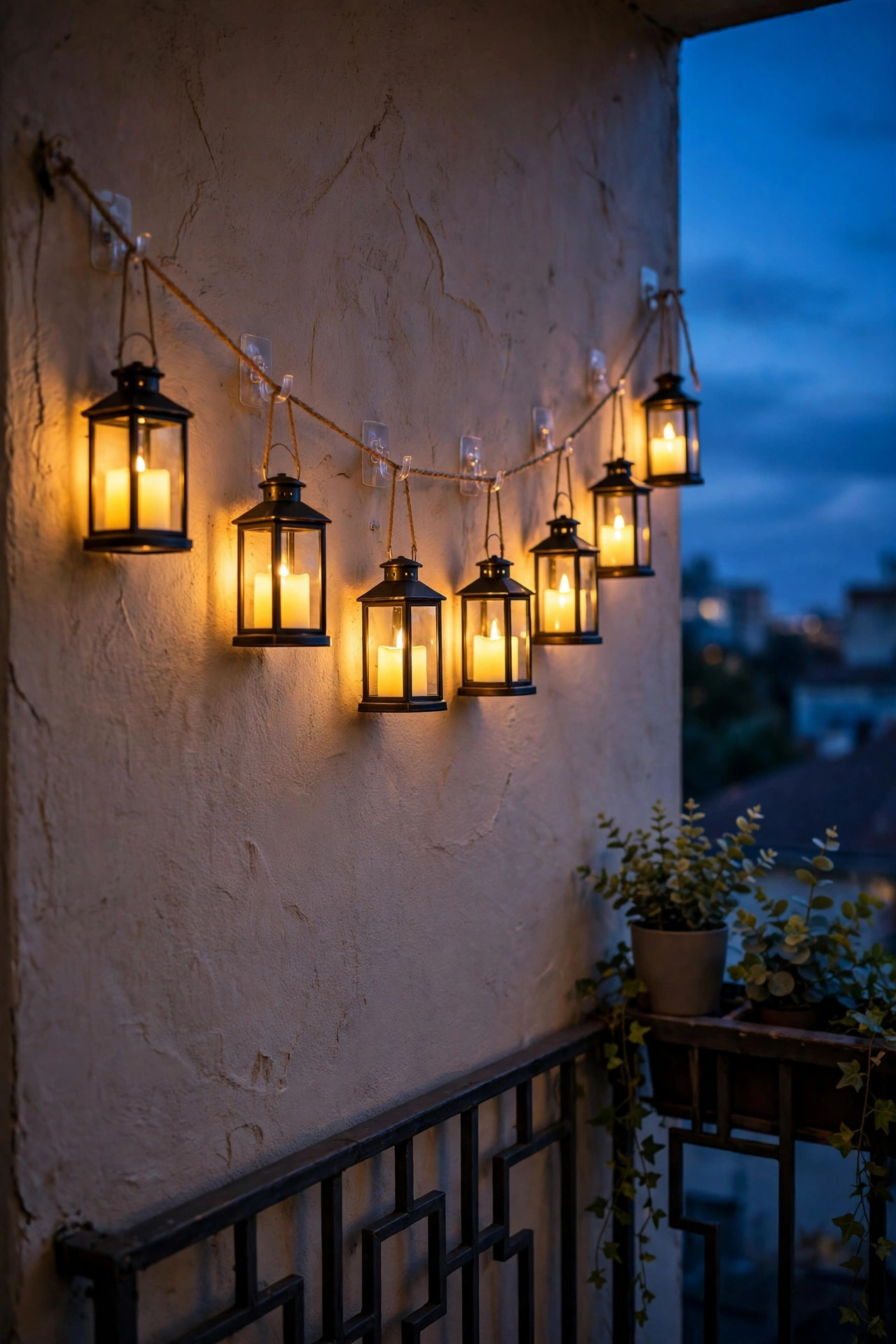 Garland of small lanterns with flameless candles hanging from removable hooks on an apartment balcony wall at dusk