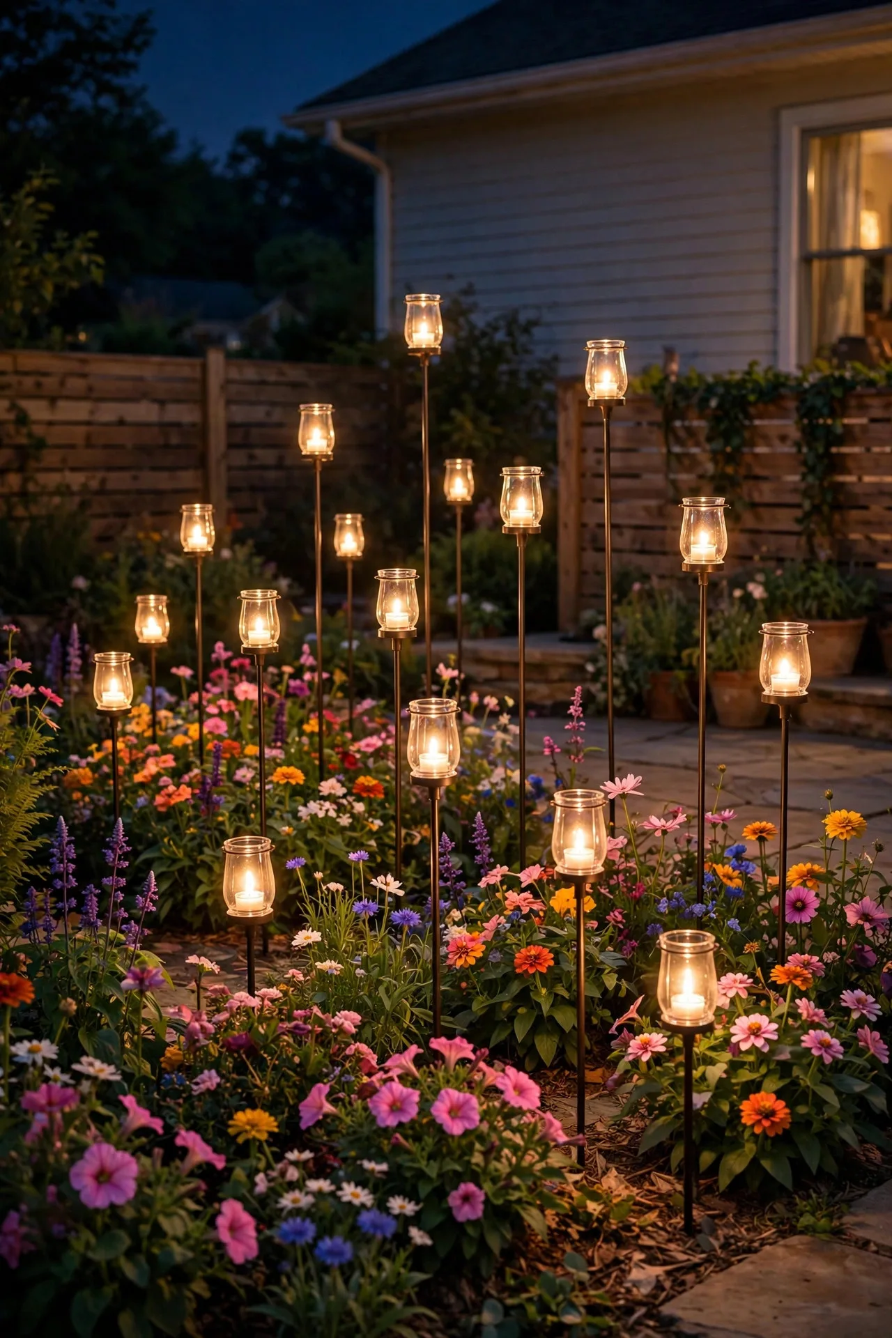 Lantern stakes glowing among flowers in beds around a summer patio