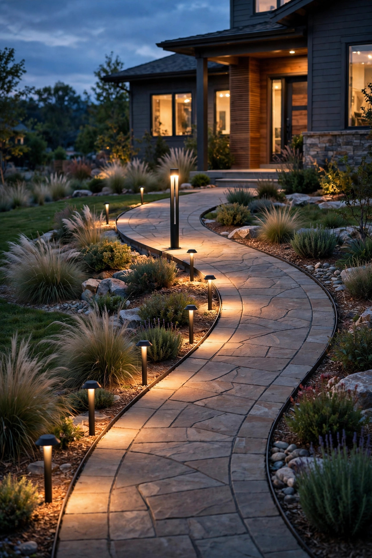 Mixed-height lighting along a curved walkway with one tall bollard at the apex and lower path lights stepping down