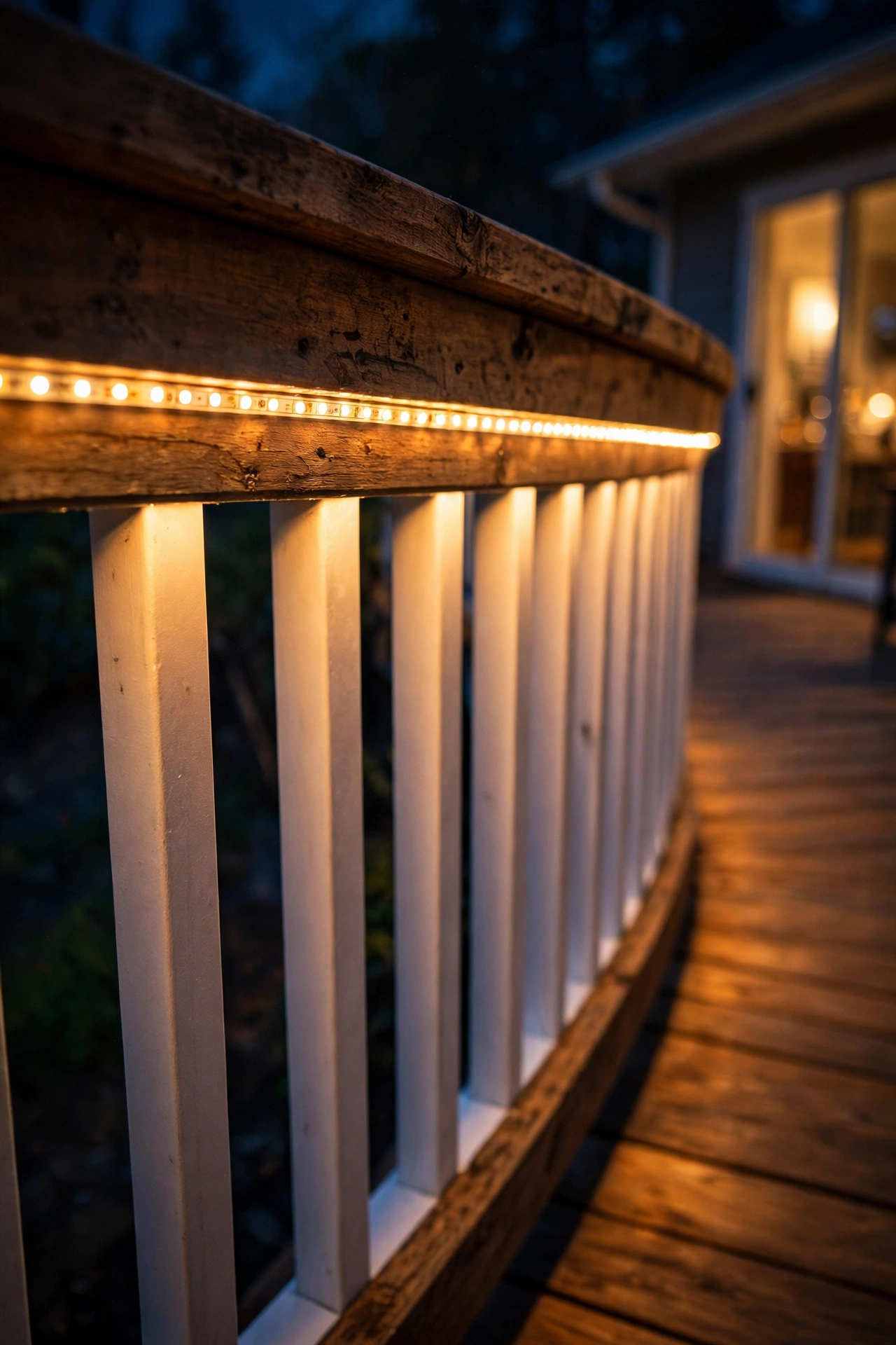 Soft LED tape glowing under a deck railing cap on a back porch at night