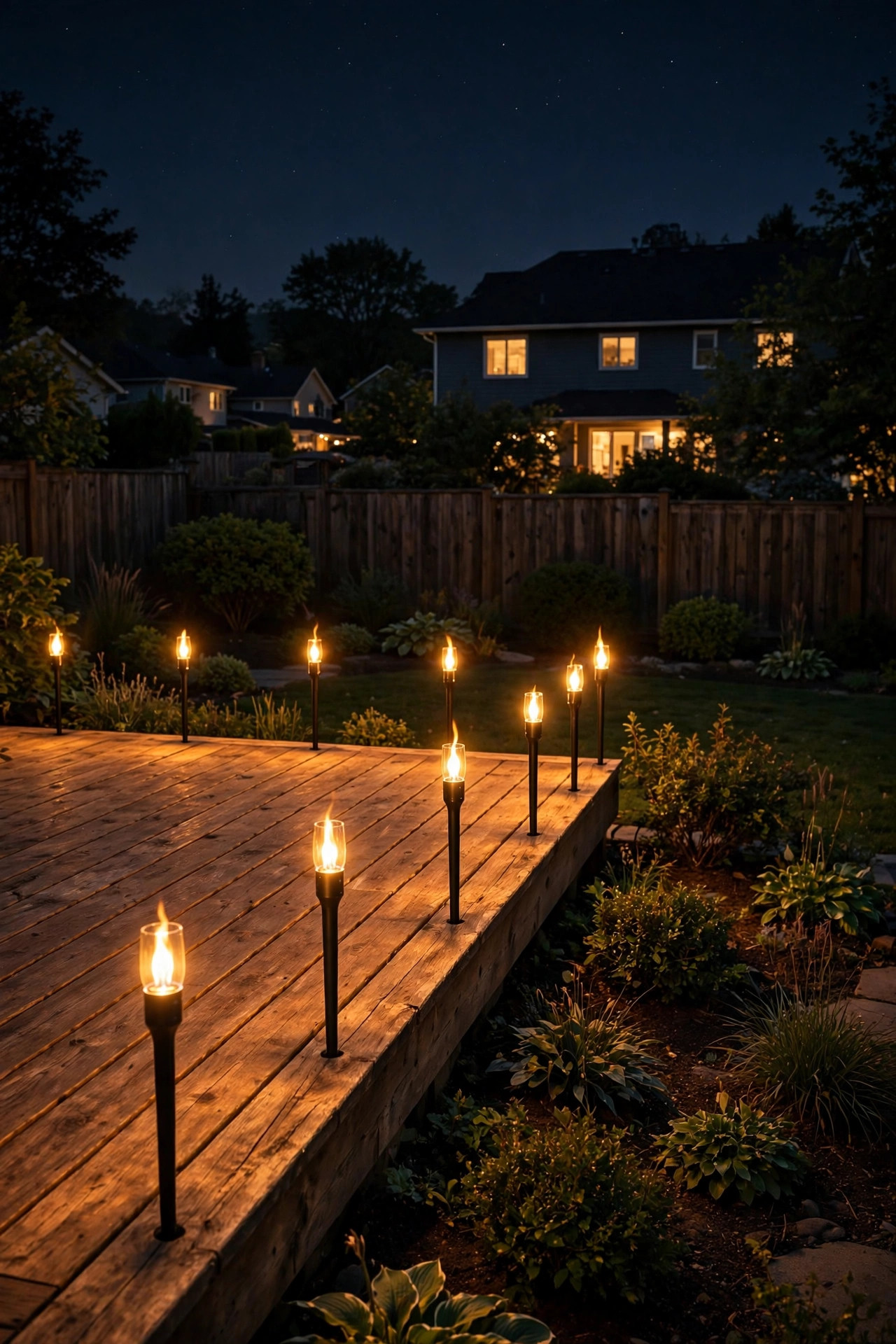 LED torch stakes with flickering amber flames lining the edge of a wooden deck at night