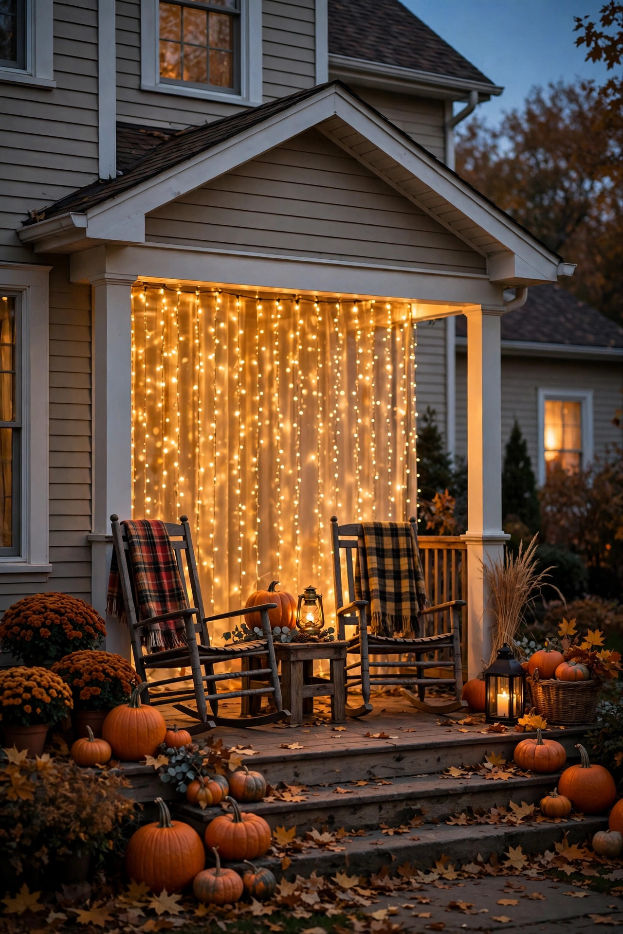 Curtain of warm string lights glowing behind porch seating with fall pillows