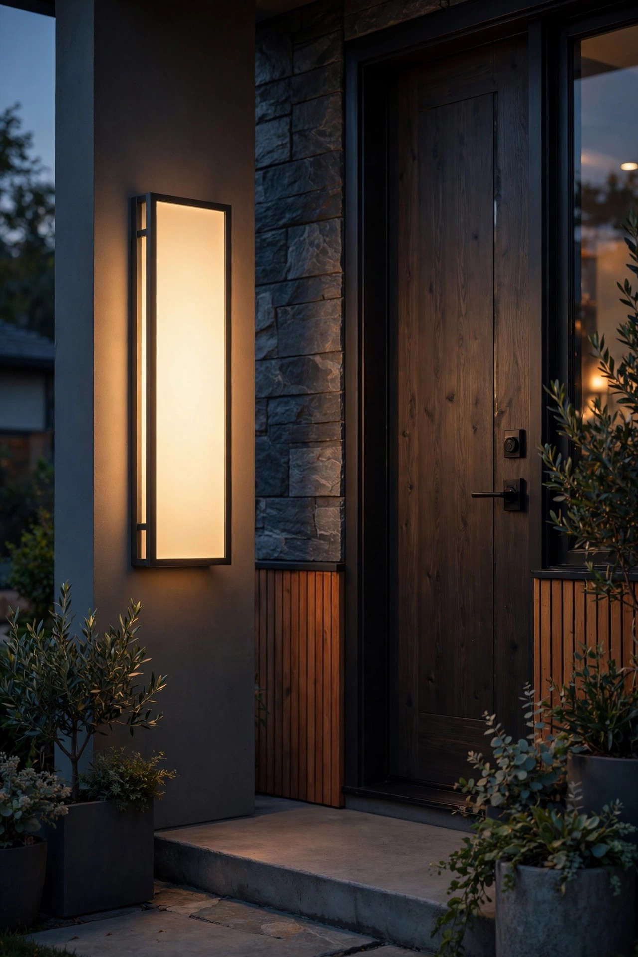 Backlit address light box with frosted glowing face mounted beside a front door