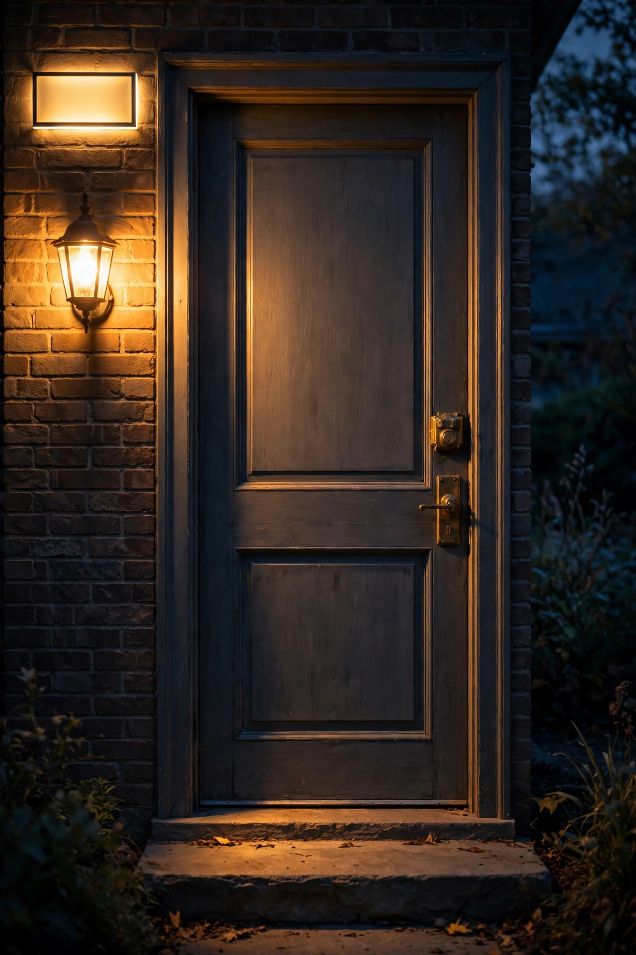 Warm light beside a back door illuminating the lock, threshold, and an illuminated house number at dusk