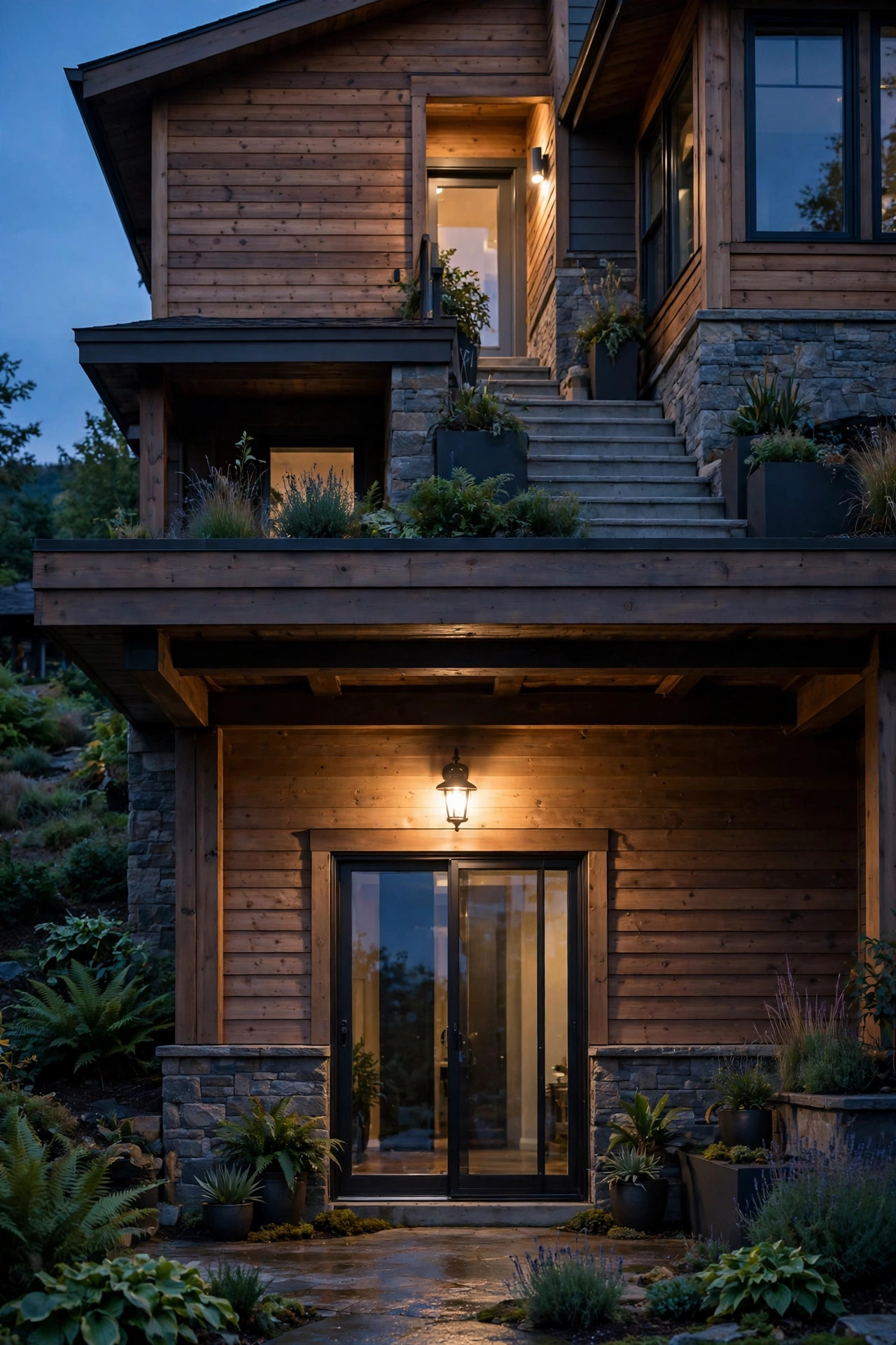 Warm sconce lighting the lower-level garden door of a split-level home beneath the raised main entry