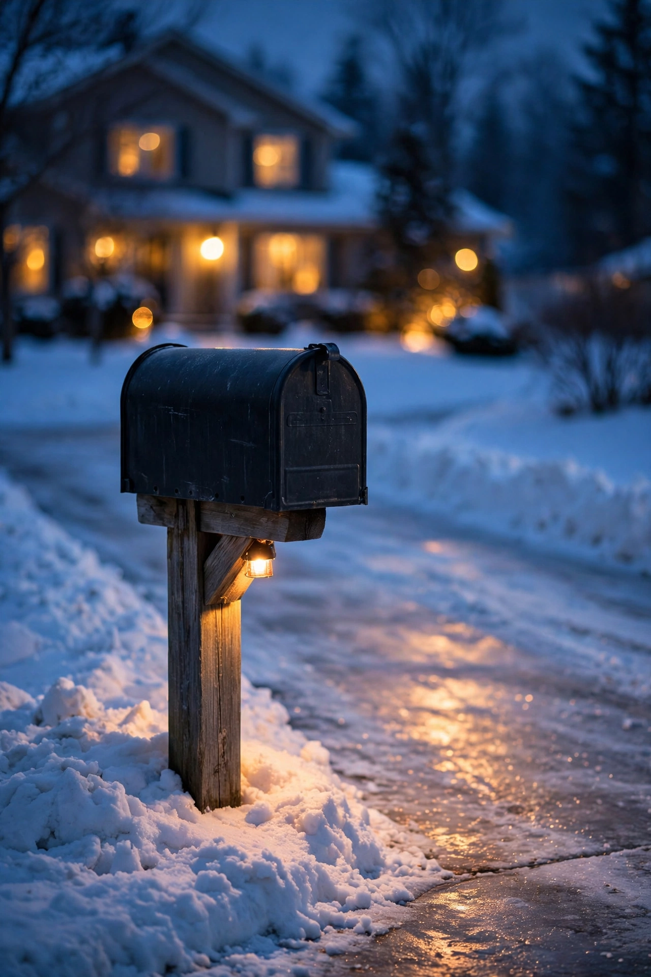Mailbox post with a small warm light glowing beside a snowy street at night