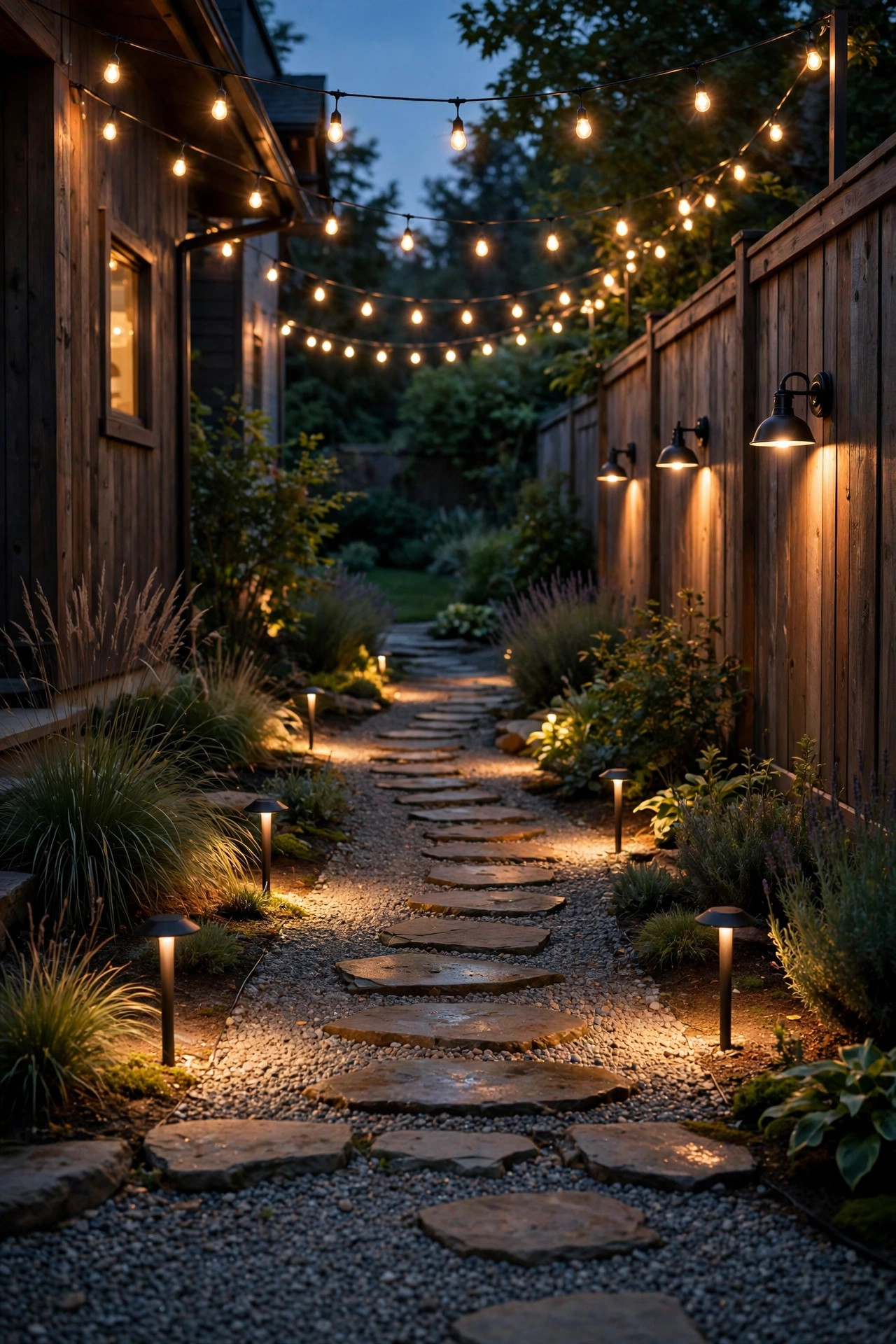 Layered side yard lighting at low, mid and overhead heights glowing along a stepping stone and gravel path