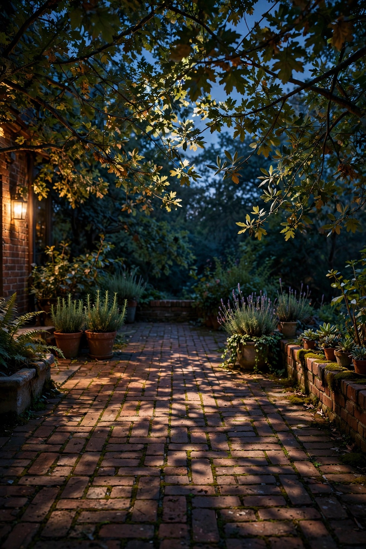 Dappled moonlighting shining down through tree branches onto a brick patio below