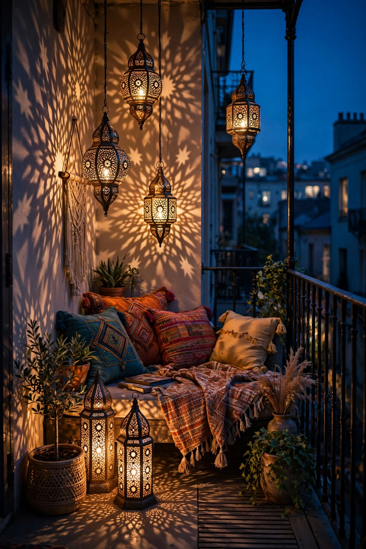 Moroccan-style pierced metal lanterns casting patterned light on a balcony at night
