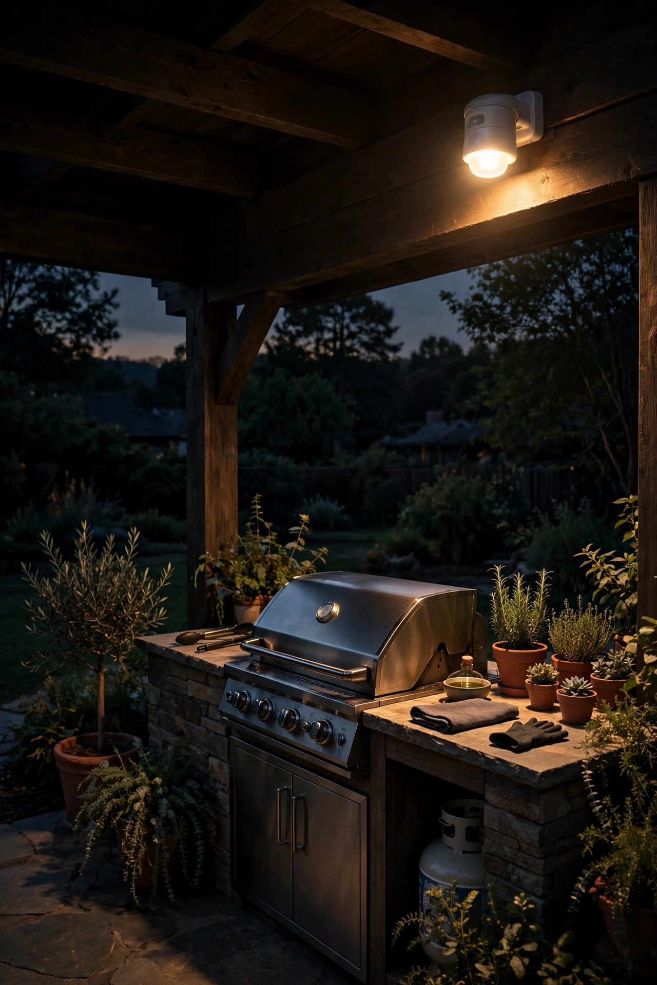 Motion sensor light illuminating a grill station at the edge of a covered patio at night