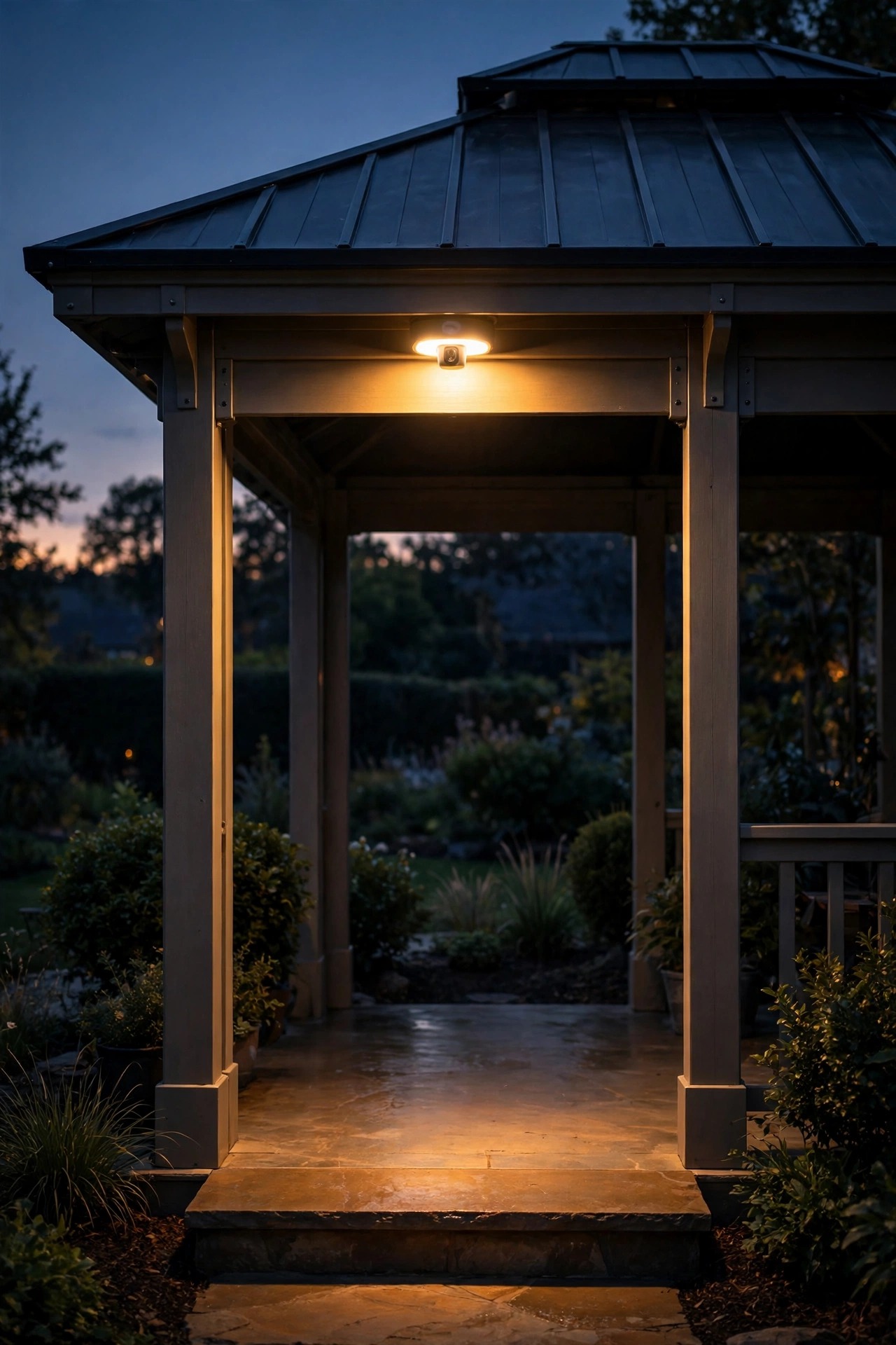 Motion-sensor light glowing above the entrance step of a hardtop gazebo at night, warm light on the step