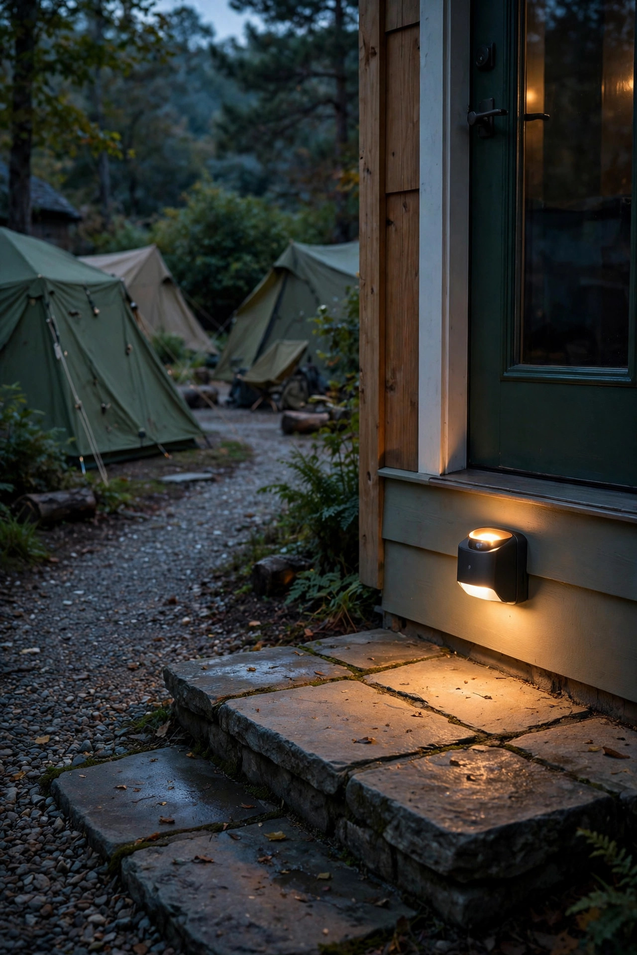 Motion-sensor light glowing softly on a patio step along the path from tents to the back door