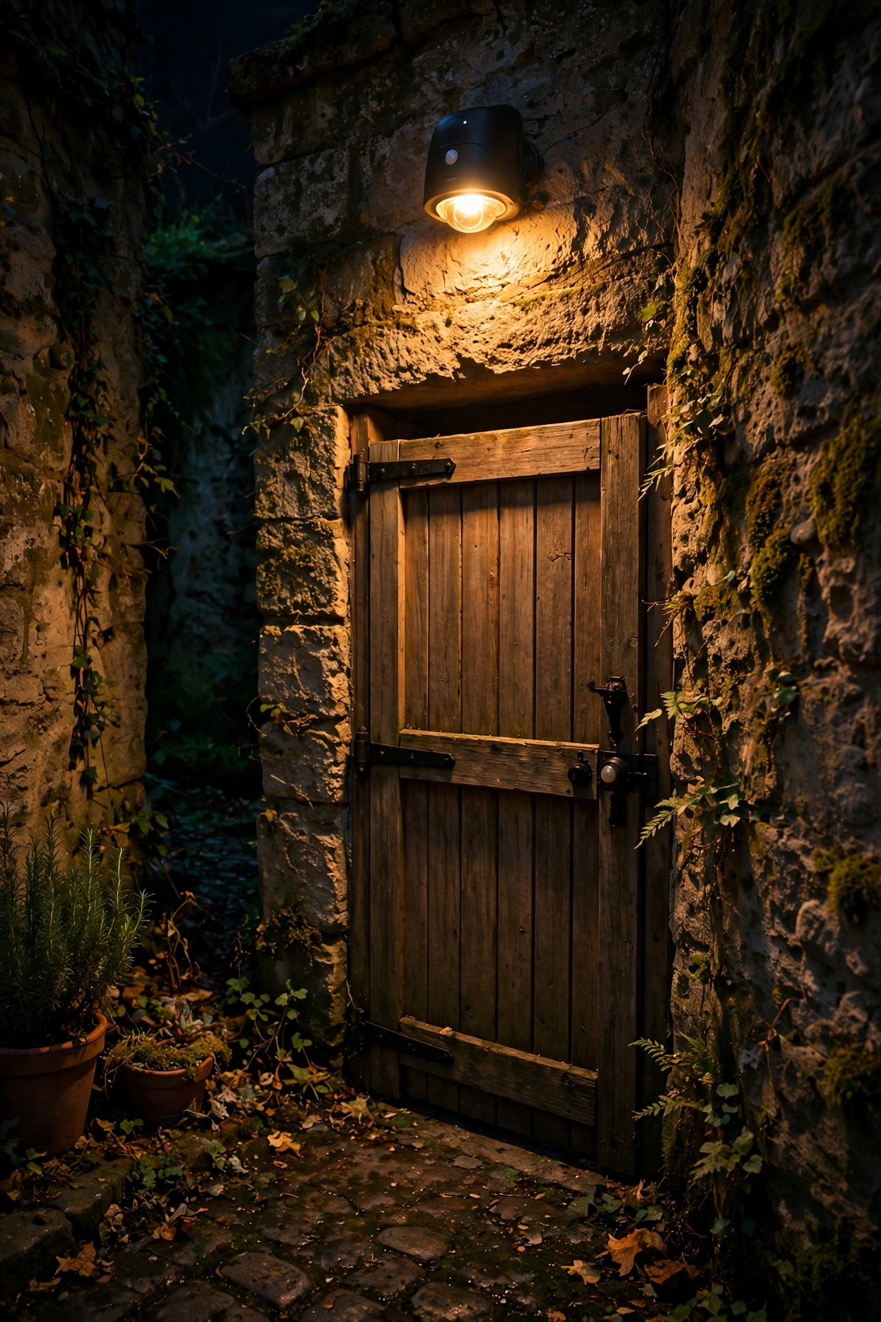 Motion sensor light glowing above a side gate in a courtyard passage at night
