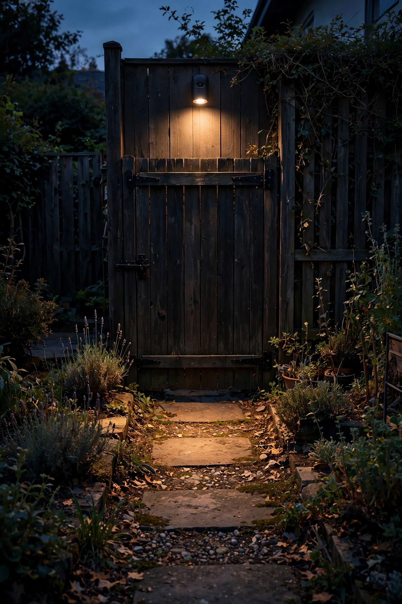 Small matte black motion sensor light above a side gate at dusk casting soft warm light on the path in a dark quiet side yard