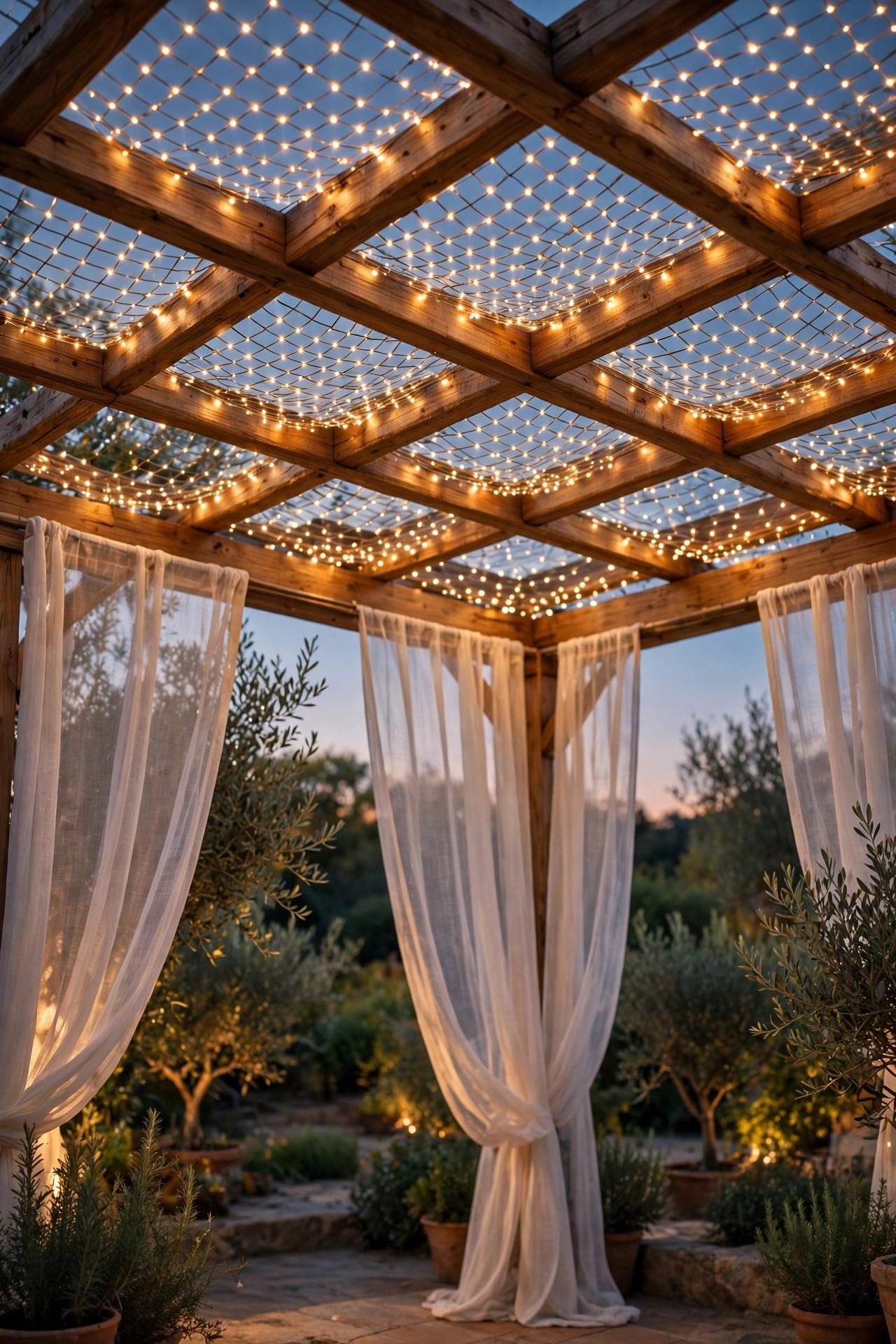 Twinkle net lights draped over pergola roof beams above sheer curtains
