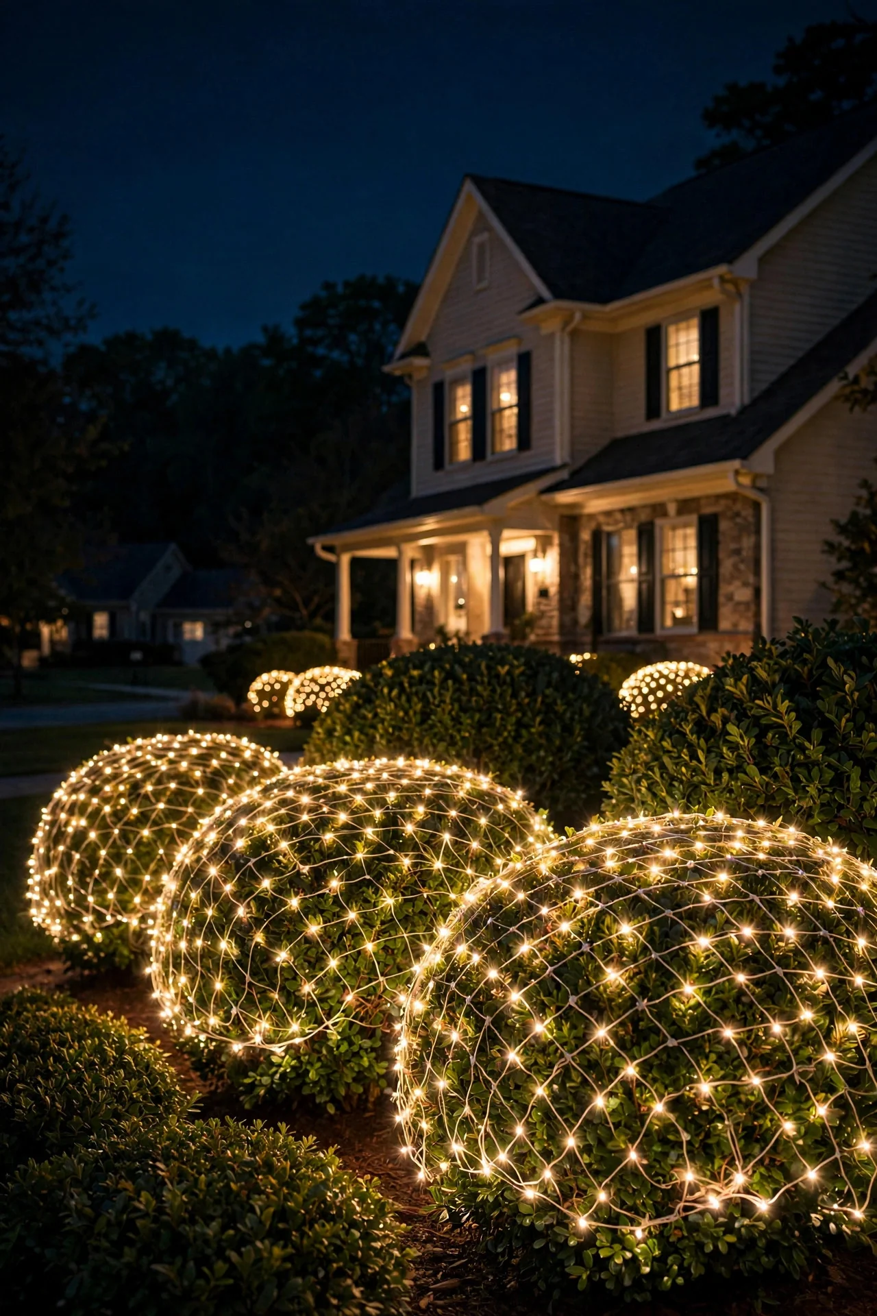 Warm-white net Christmas lights draped over front yard bushes glowing at night