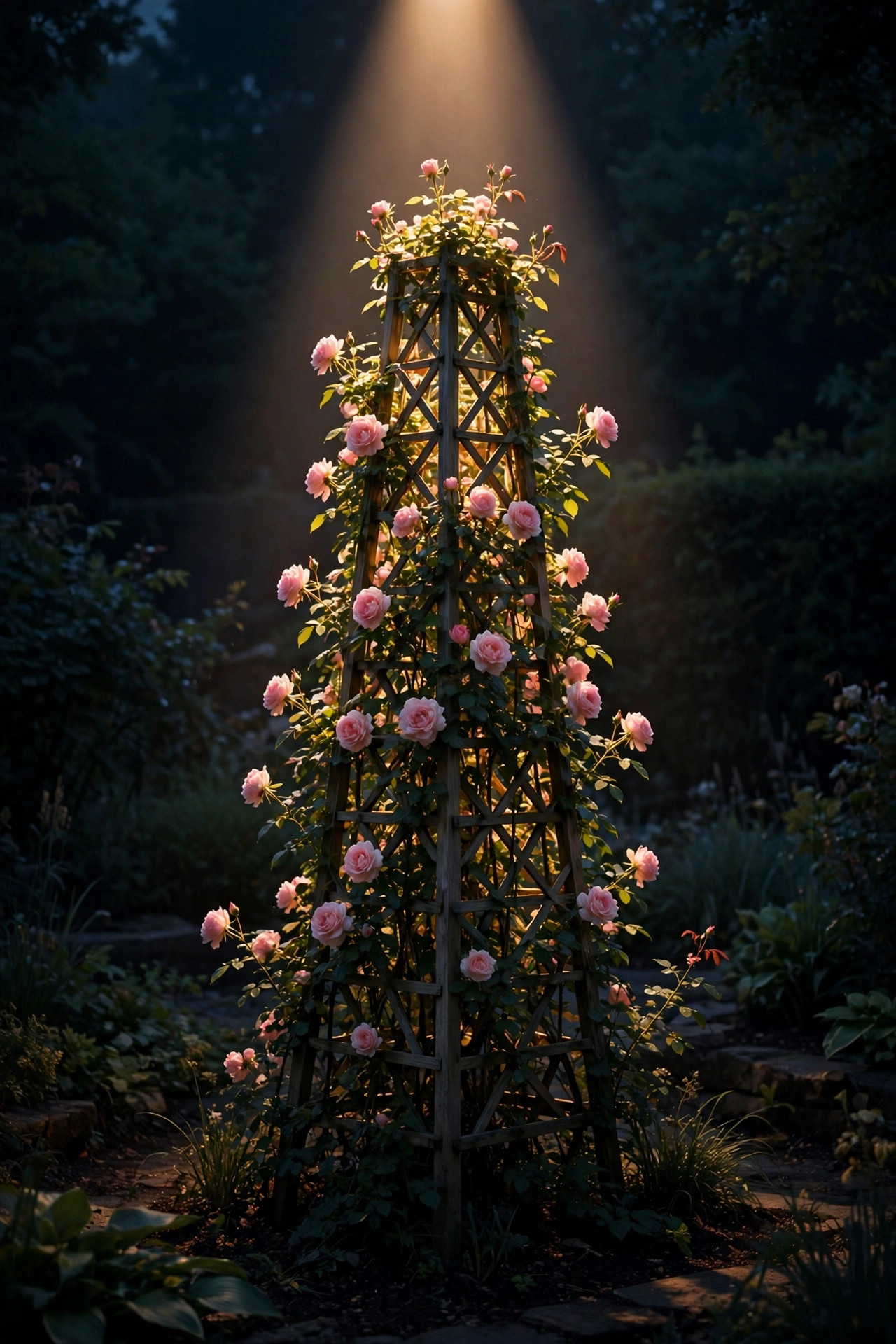 Tall garden obelisk trellis with climbing roses lit by a single narrow beam spotlight as a focal point in a dark garden