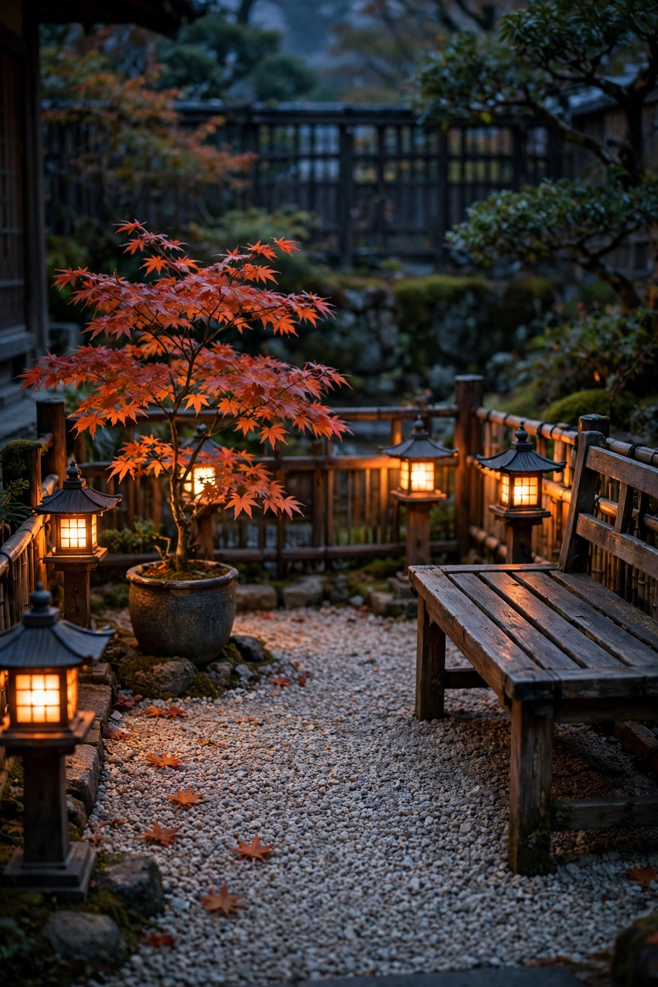 Small gravel courtyard bordered by pagoda lights with a bench and potted maple at dusk