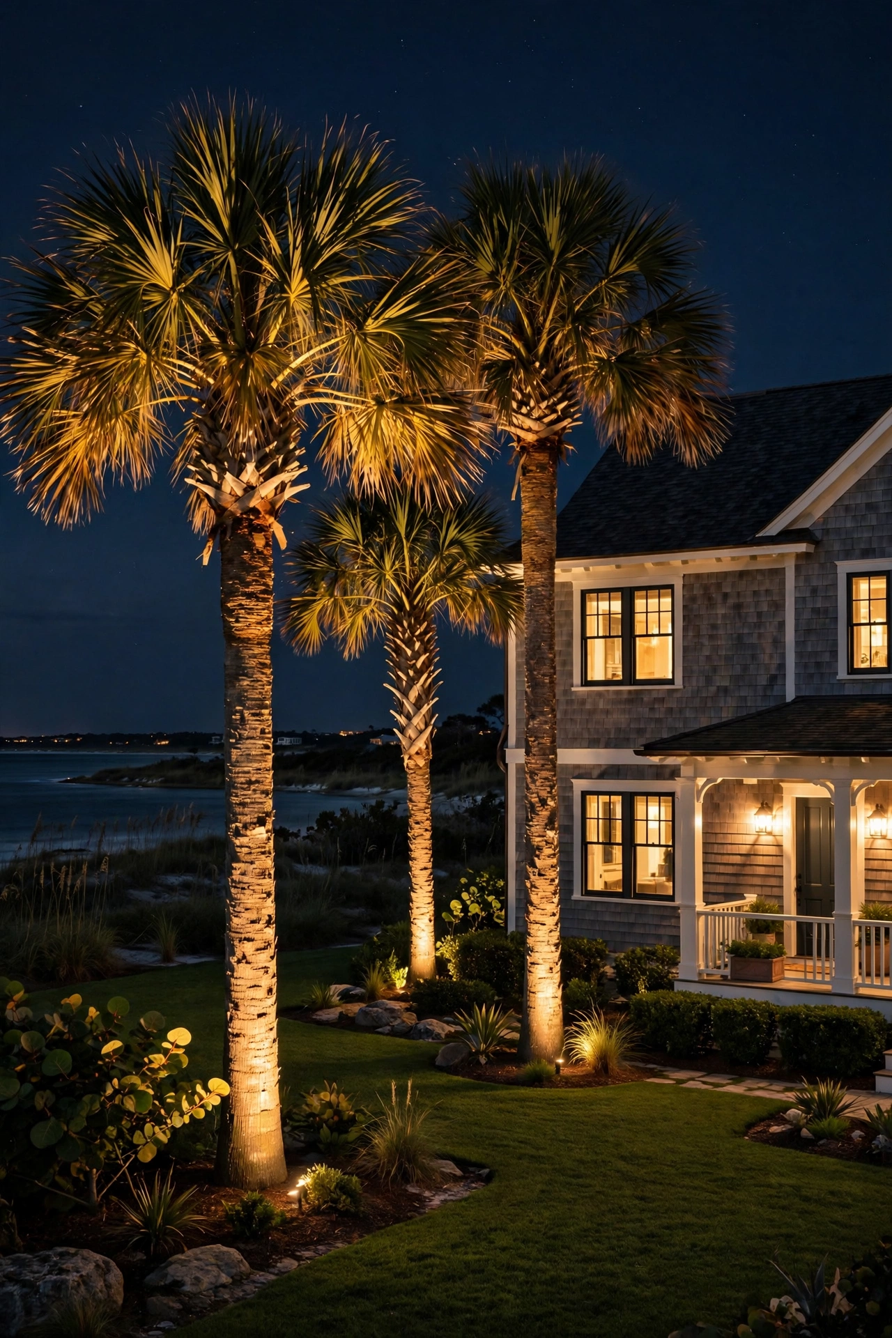 Uplights washing palm trees in warm light in a coastal landscape at night