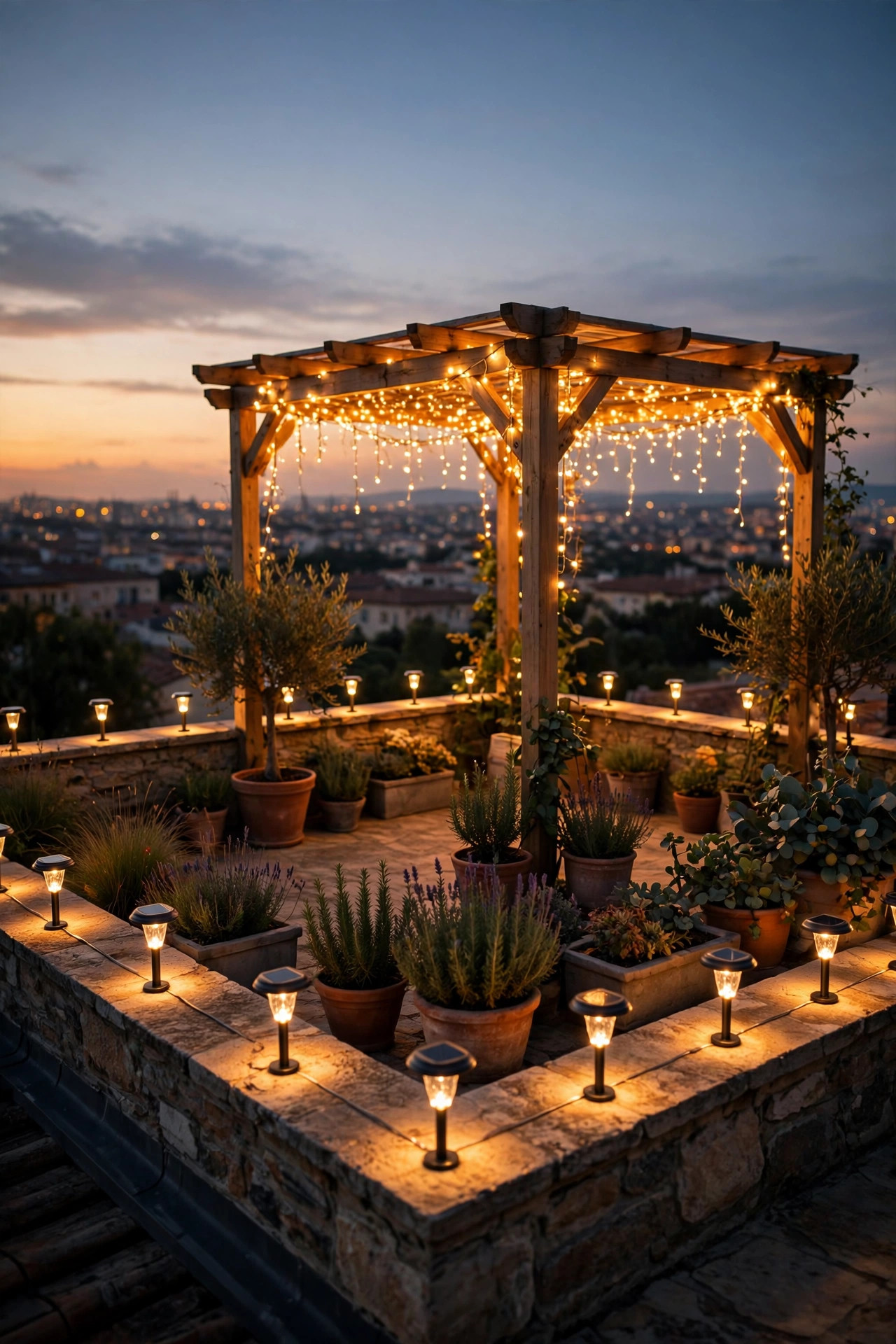 Low solar lights tracing the parapet edge of a rooftop terrace around a glowing pergola