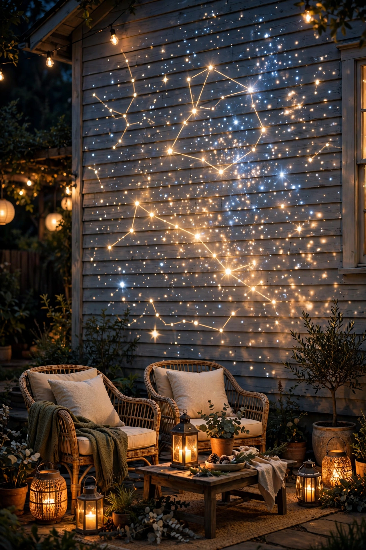 Star pattern light projection glowing on a house wall at an outdoor themed party at night