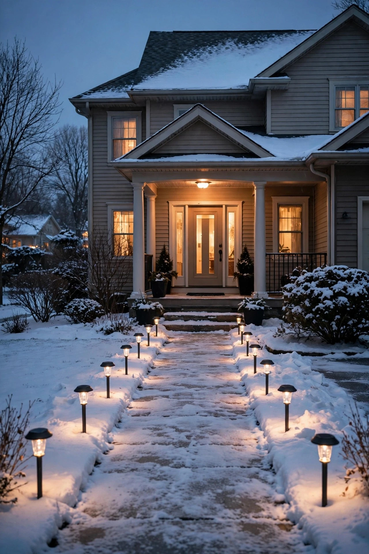 Low path lights staked along a snowy walkway leading to a warmly lit winter porch