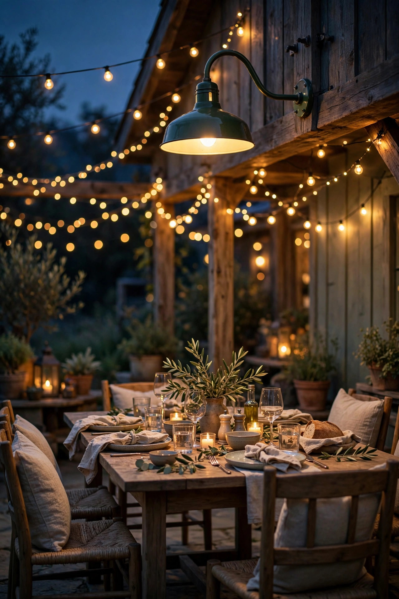 Gooseneck barn light above a patio dining table with string lights glowing at night