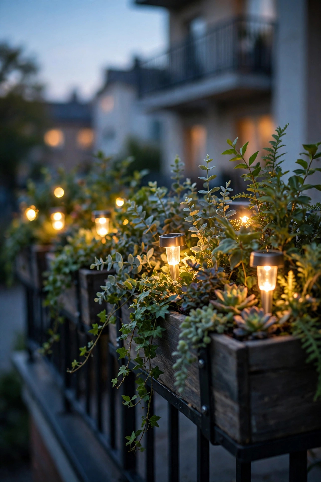 Small solar stake lights glowing up through the leaves of planter boxes mounted on a balcony railing