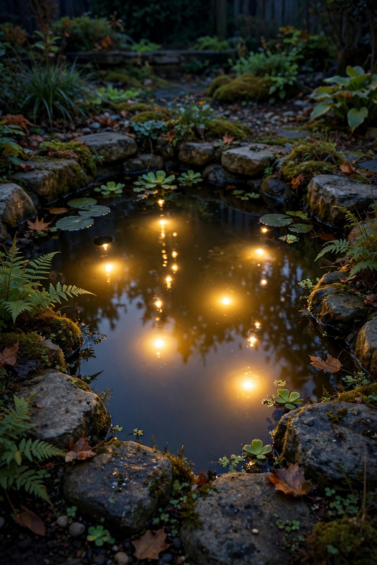 Small garden pond with submersible lights reflecting warm points of light on still water at night