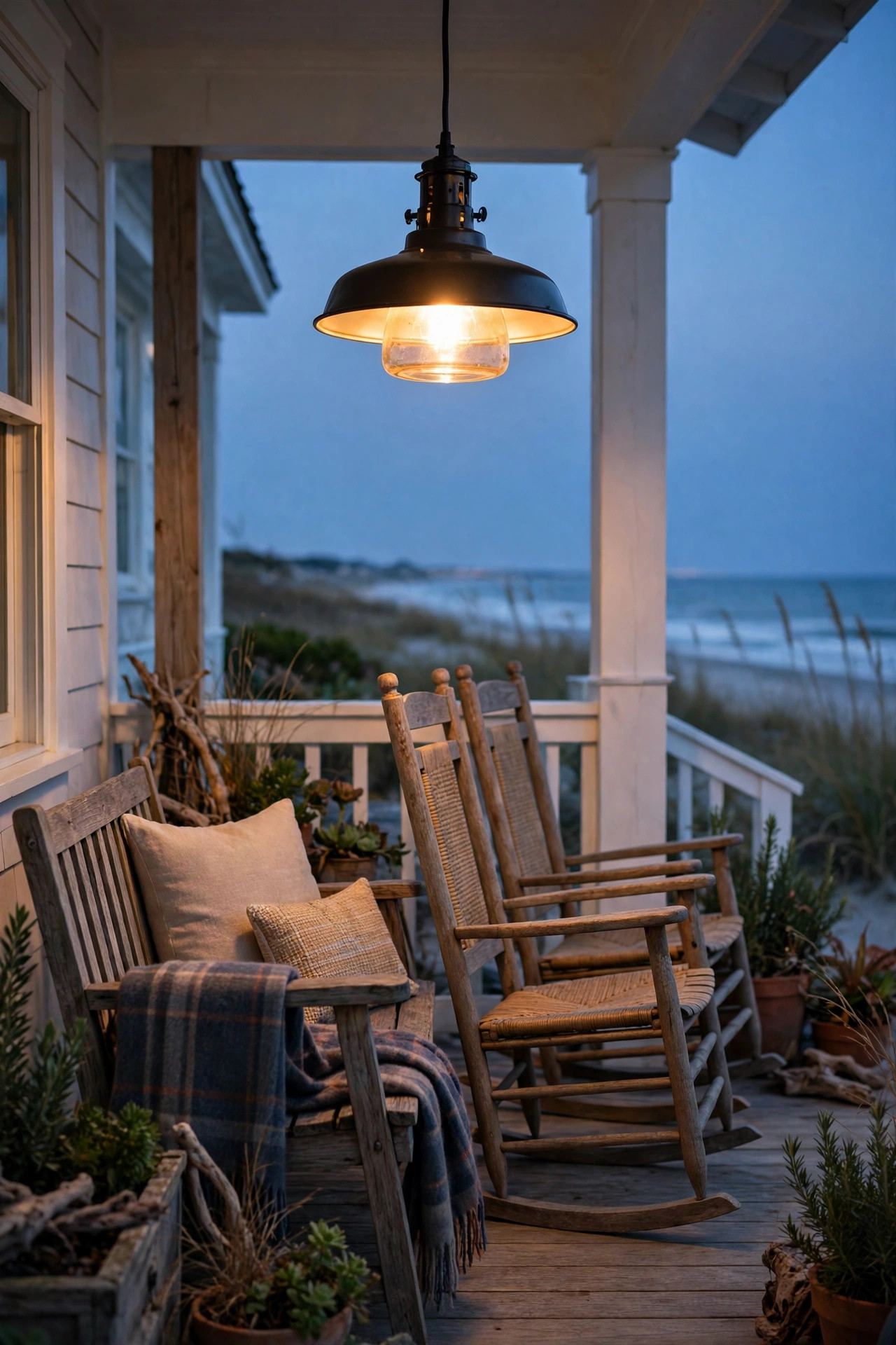Weatherproof pendant light glowing over a porch bench and rocking chairs at a beach house