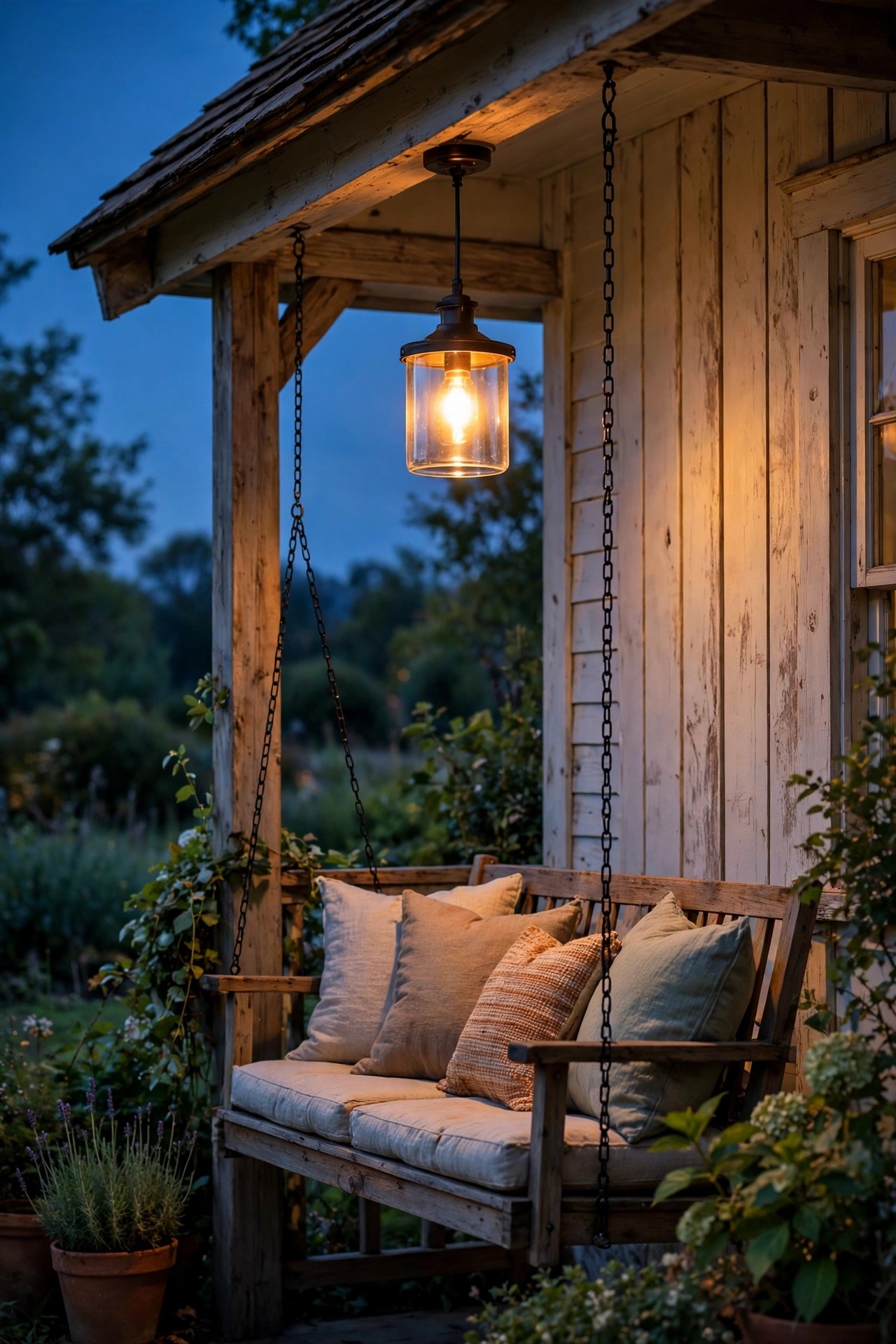 Warm pendant light hanging over a cottage porch swing with cushions at dusk