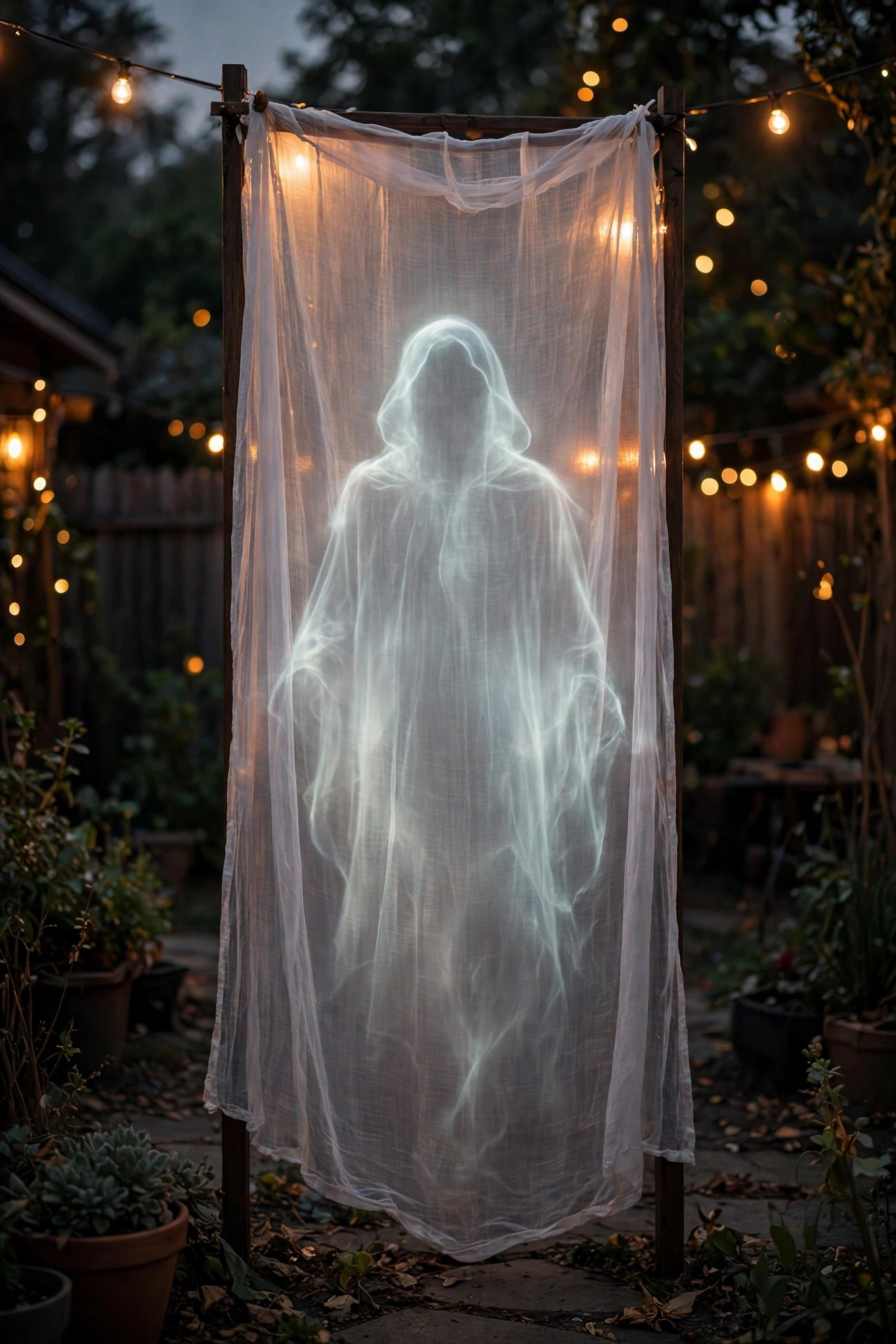 Ghostly figure projected onto a sheer curtain hanging in a dark backyard
