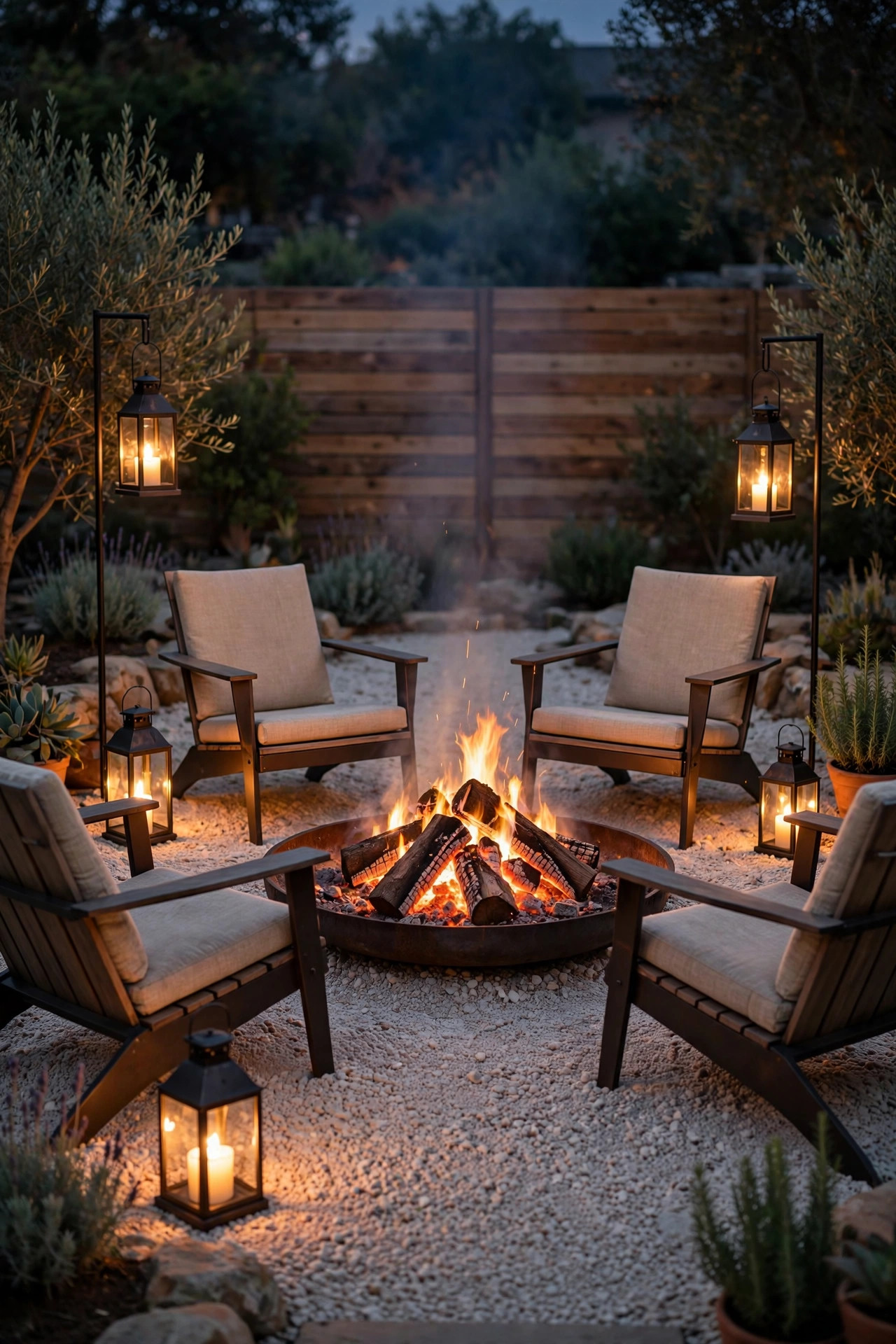Fire pit seating area with pale gravel and metal lanterns reflecting warm firelight at night