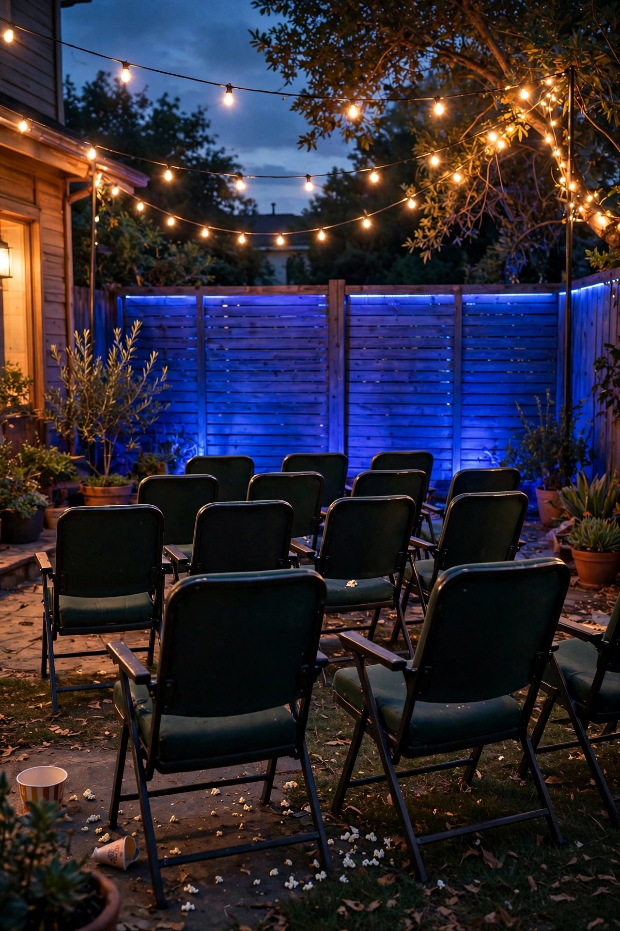 Backyard fence washed in deep blue color-changing light behind empty movie chairs during intermission at night