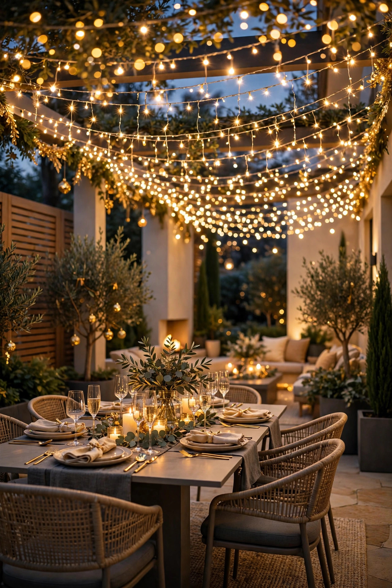 Elegant New Year's Eve patio glowing in champagne gold rgb outdoor lights with a sparkling string light layer