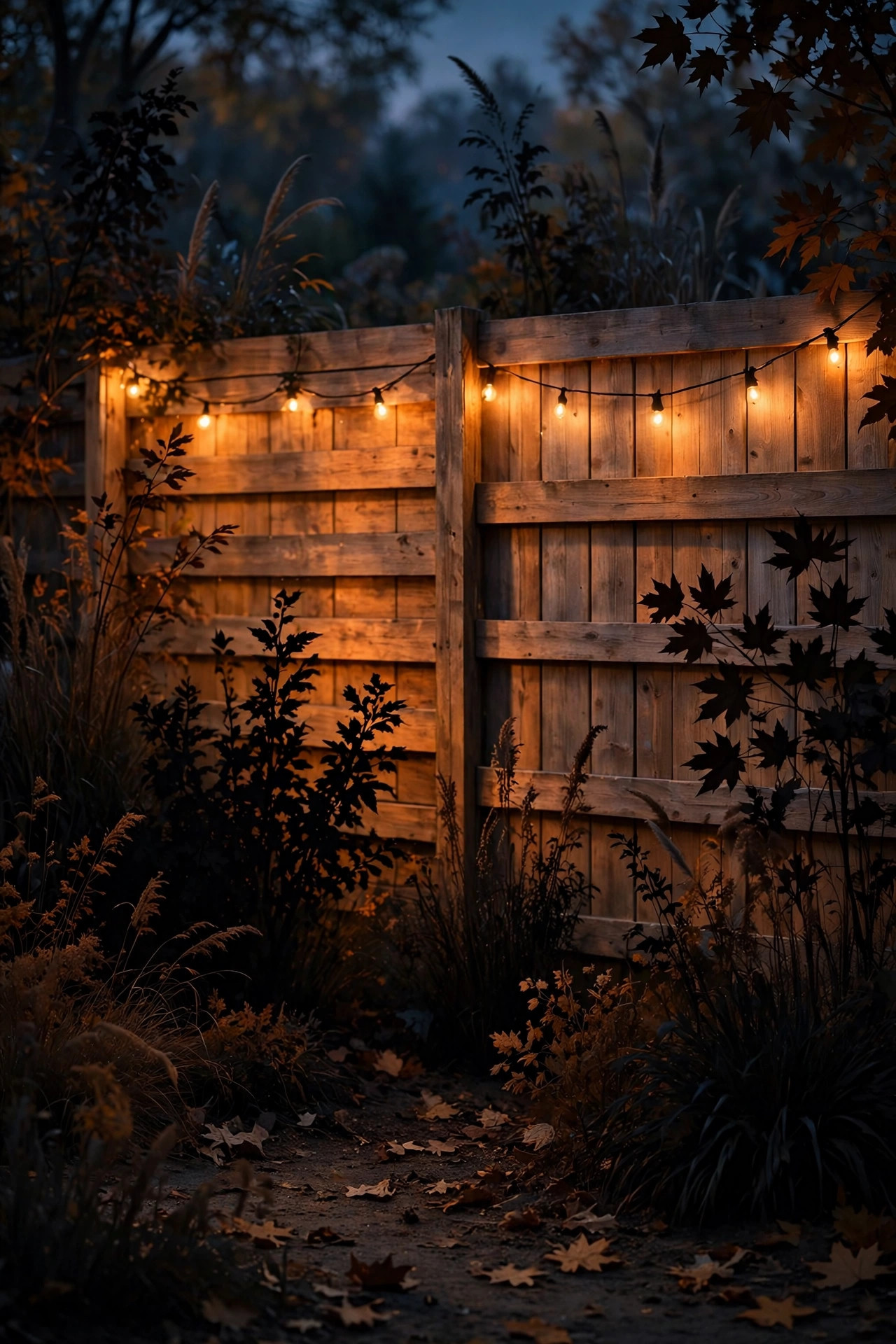 Fence washed in soft amber color for an autumn evening gathering with silhouetted plantings