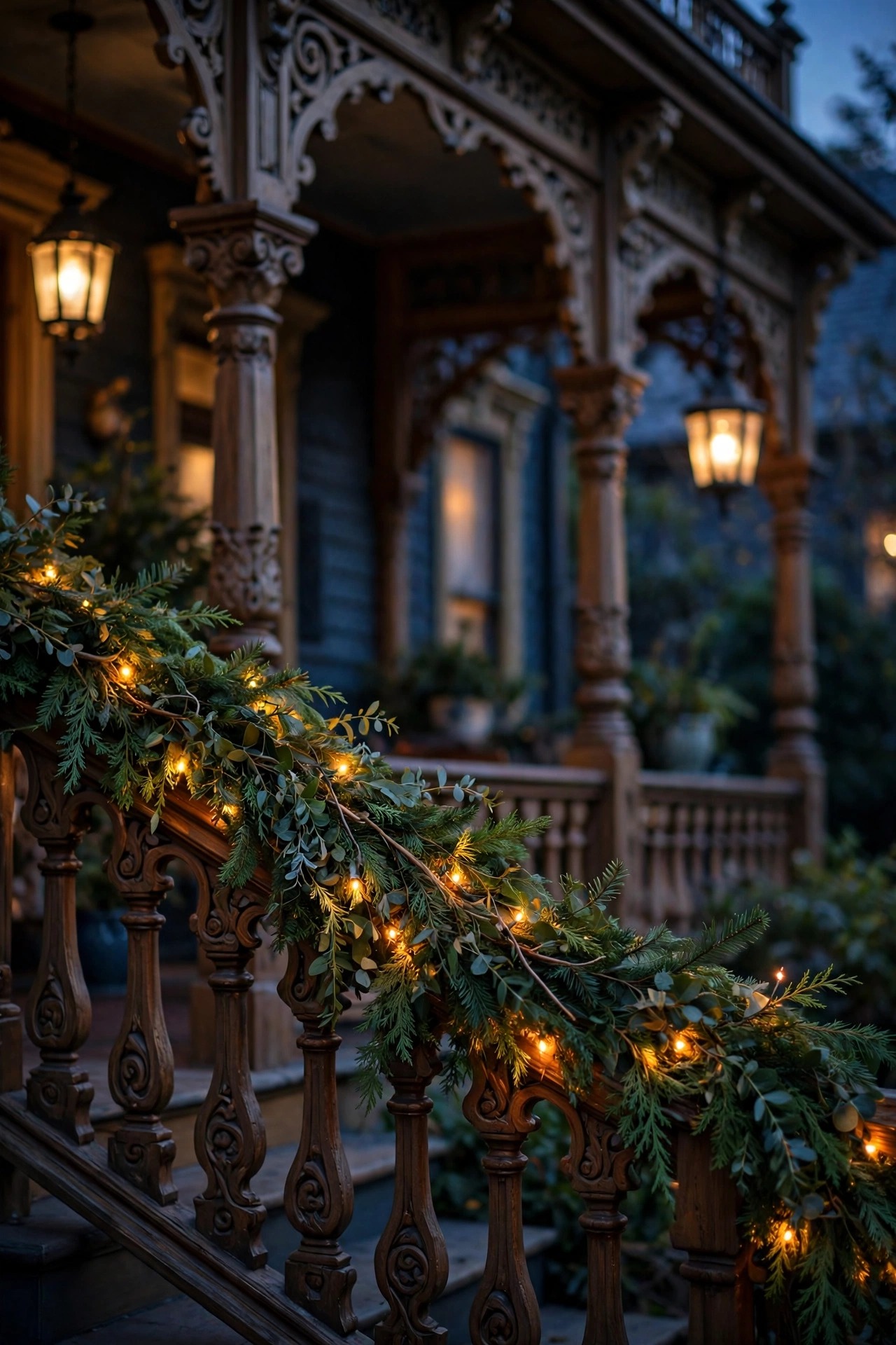 Victorian porch railing dressed with a greenery garland woven with warm fairy lights at dusk