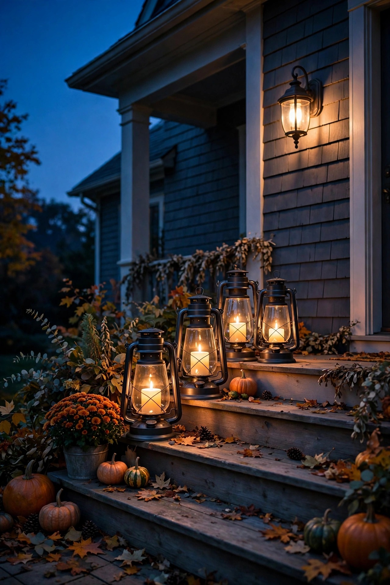 Hurricane lanterns with flameless candles arranged on porch steps for the season beside permanent sconce lighting